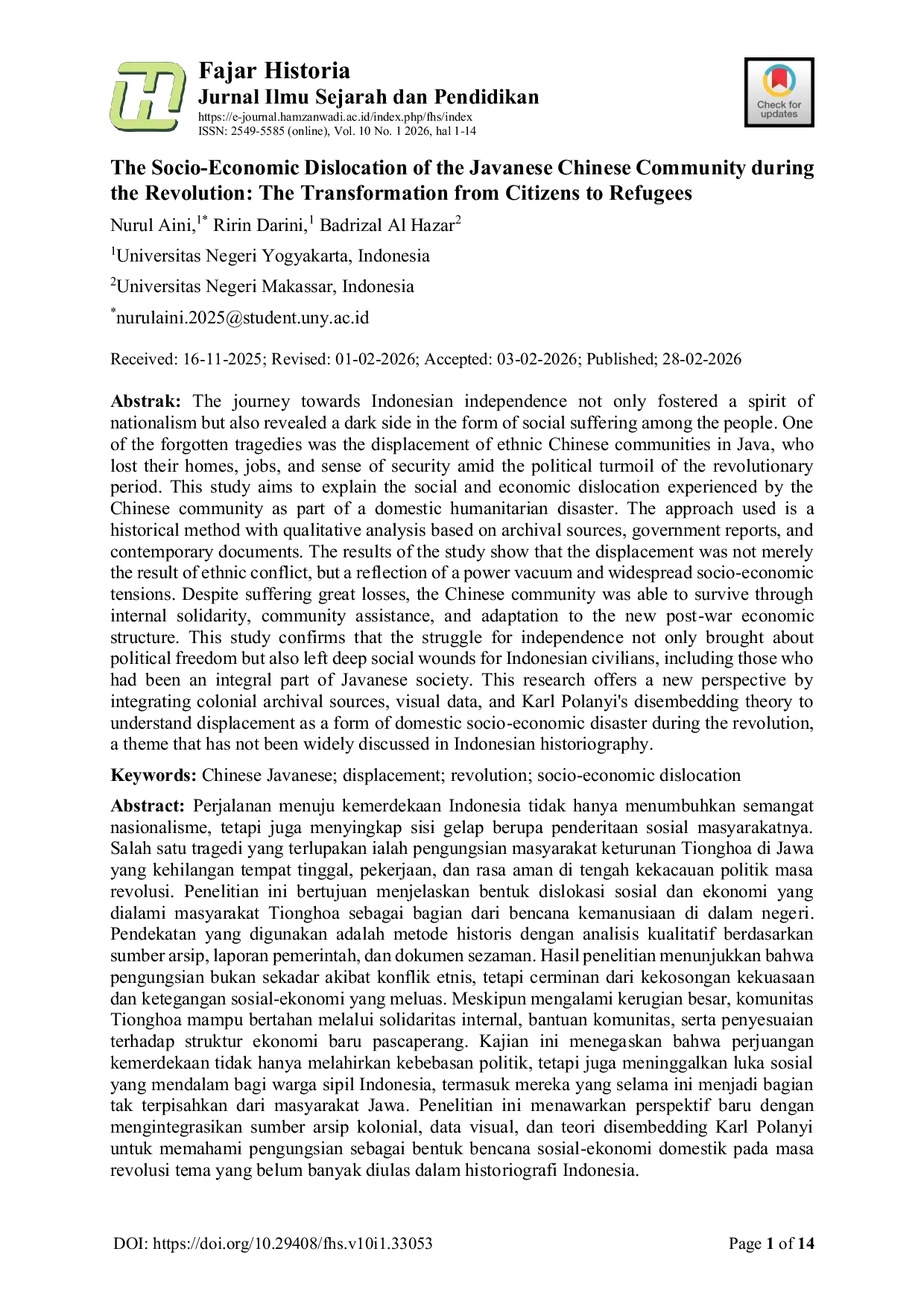 JURIS The Socio Economic Dislocation of the Javanese Chinese Community during the Revolution The Transformation from Citizens to Refugees