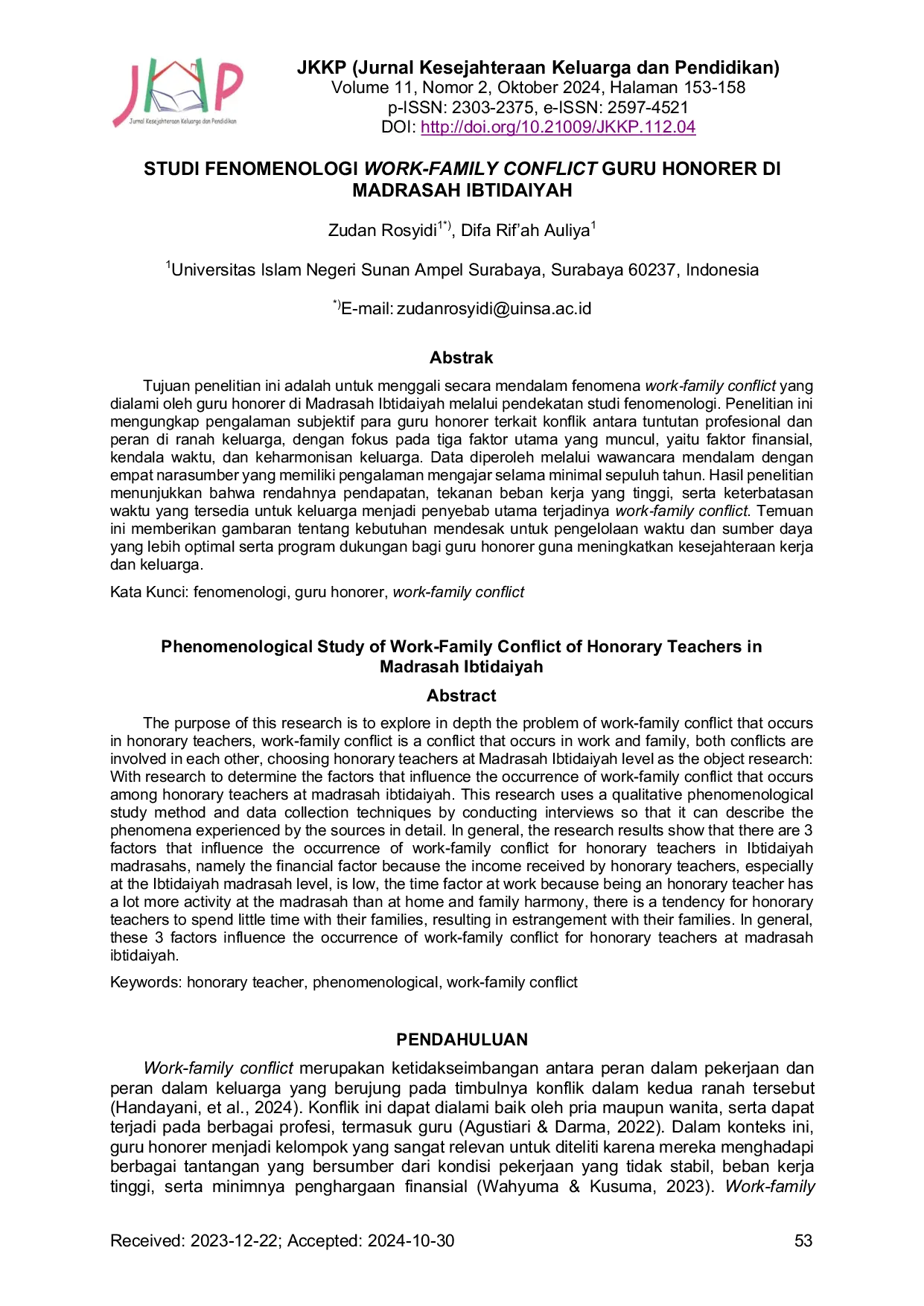 JURIS Studi Fenomenologi Work Family Conflict Guru Honorer di Madrasah Ibtidaiyah