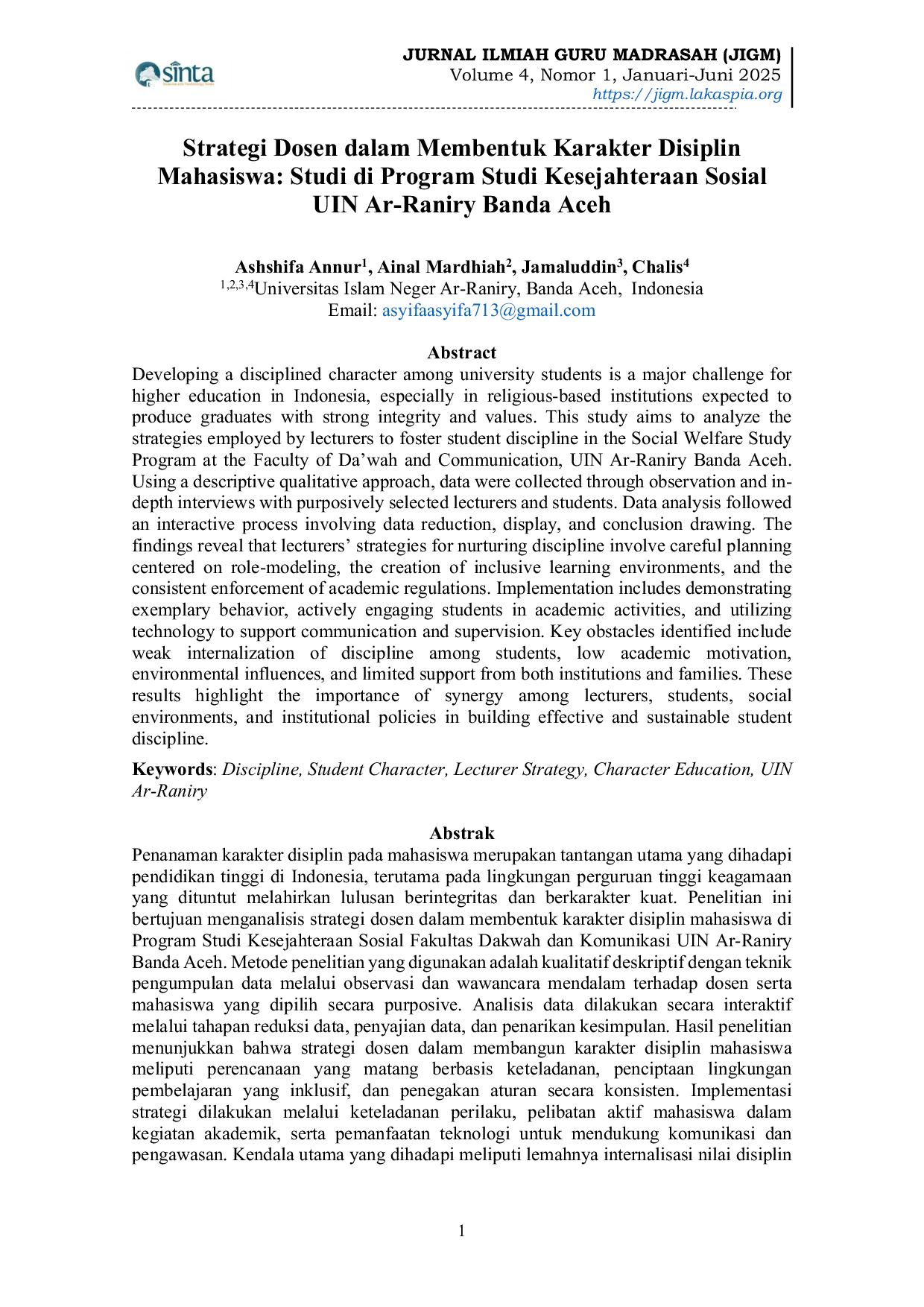 JURIS Strategi Dosen dalam Membentuk Karakter Disiplin Mahasiswa Studi di Program Studi Kesejahteraan Sosial UIN Ar Raniry Banda Aceh