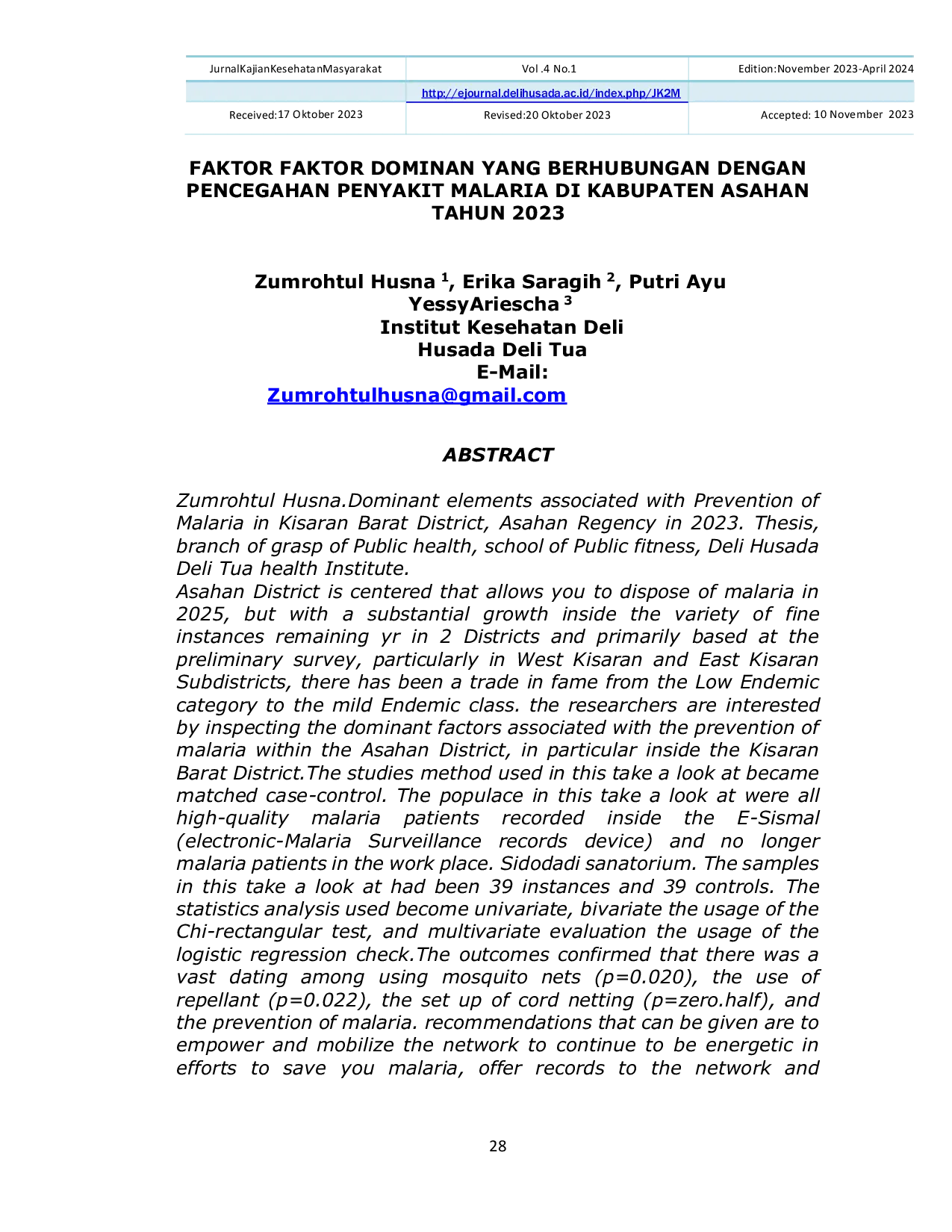 JURIS Faktor Faktor Dominan Yang Berhubungan Dengan Pencegahan Penyakit Malaria Di Kabupaten Asahan Tahun 2023