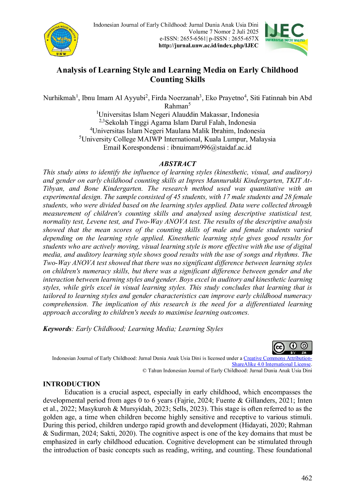 JURIS Analysis of Learning Style and Learning Media on Early Childhood Counting Skills