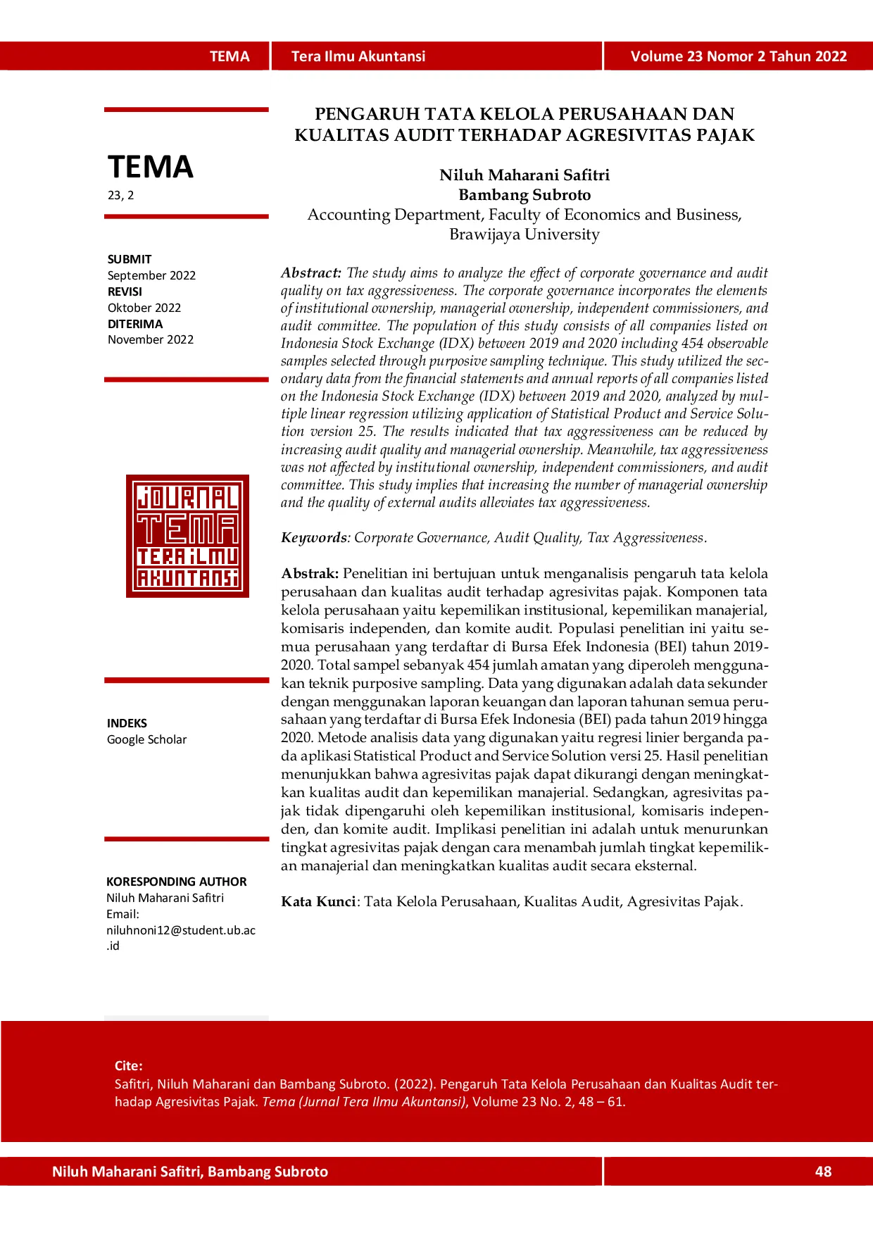 JURIS Pengaruh Tata Kelola Perusahaan dan Kualitas Audit terhadap Agresivitas Pajak