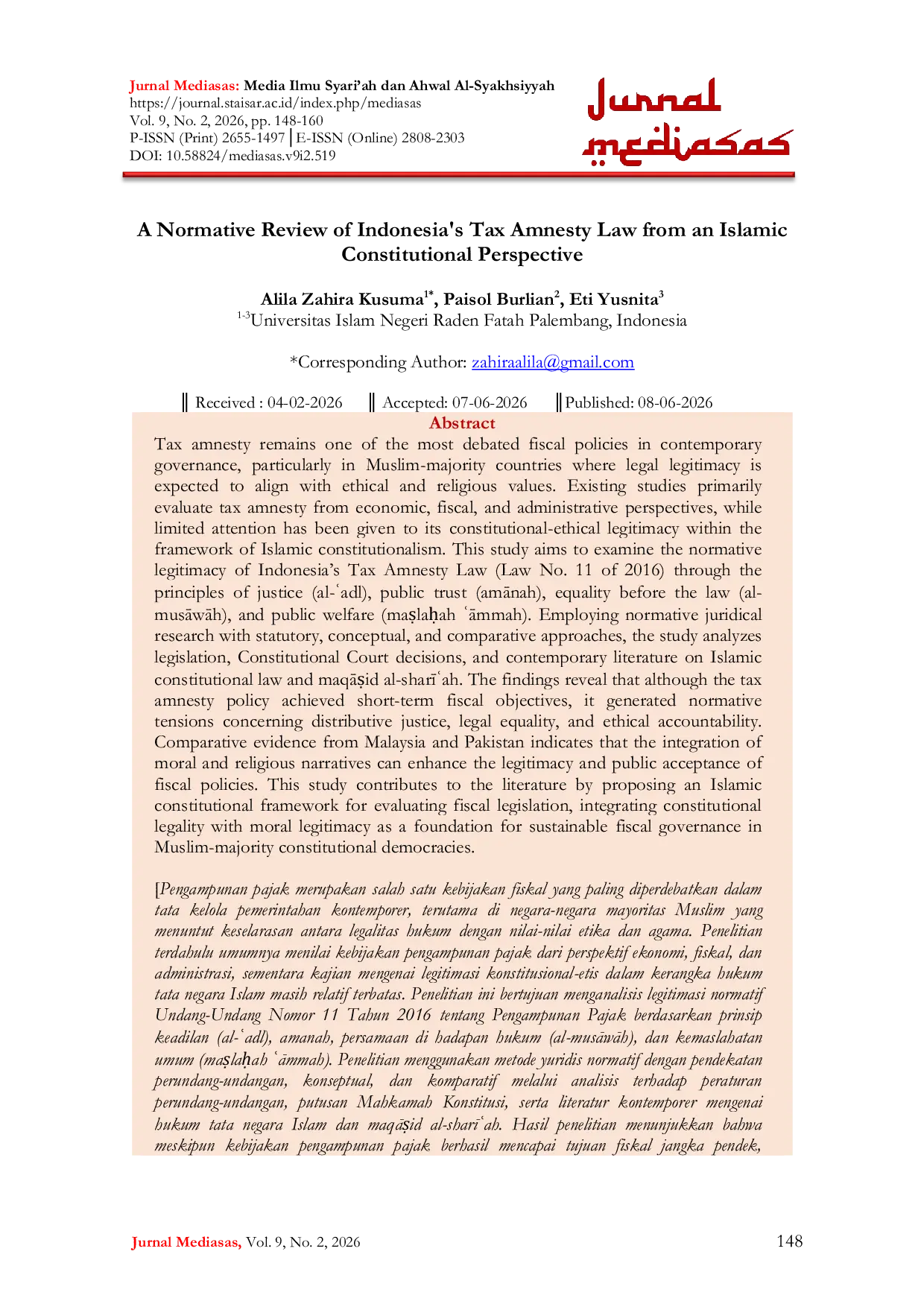 JURIS A Normative Review of Indonesia s Tax Amnesty Law from an Islamic Constitutional Perspective