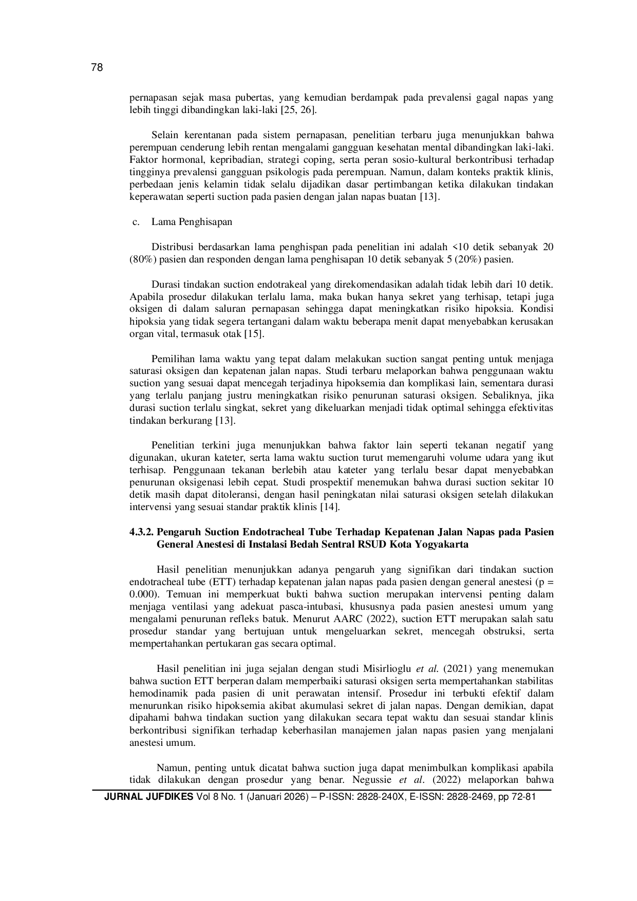 JURIS Pengaruh Suction Endotracheal Tube Terhadap Kepatenan Jalan Napas Pada Pasien General Anestesi Di Instalasi Bedah Sentral Rsud Kota Yogyakarta