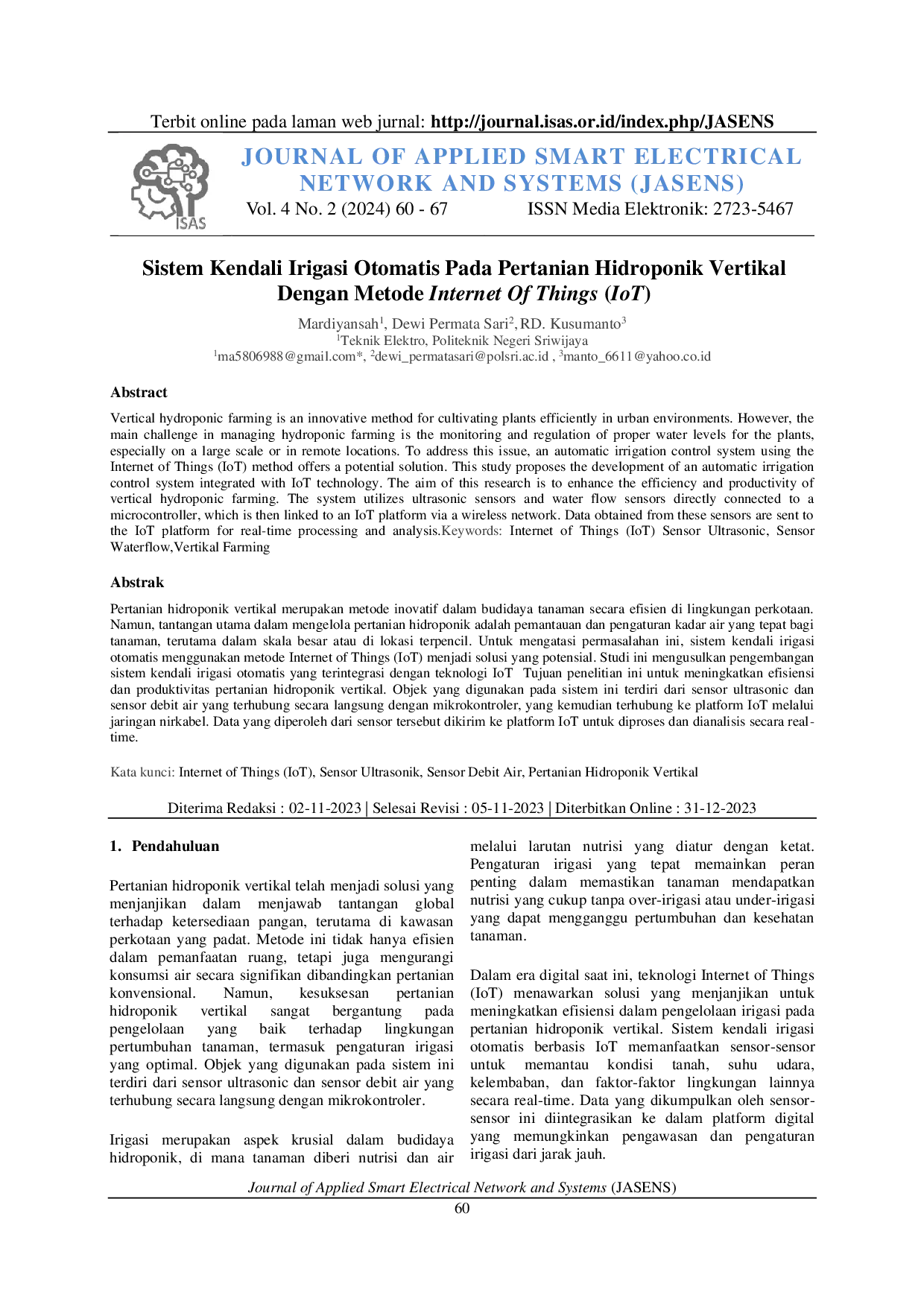JURIS Sistem Kendali Irigasi Otomatis Pada Pertanian Hidroponik Vertikal Berbasis Internet Of Things IoT