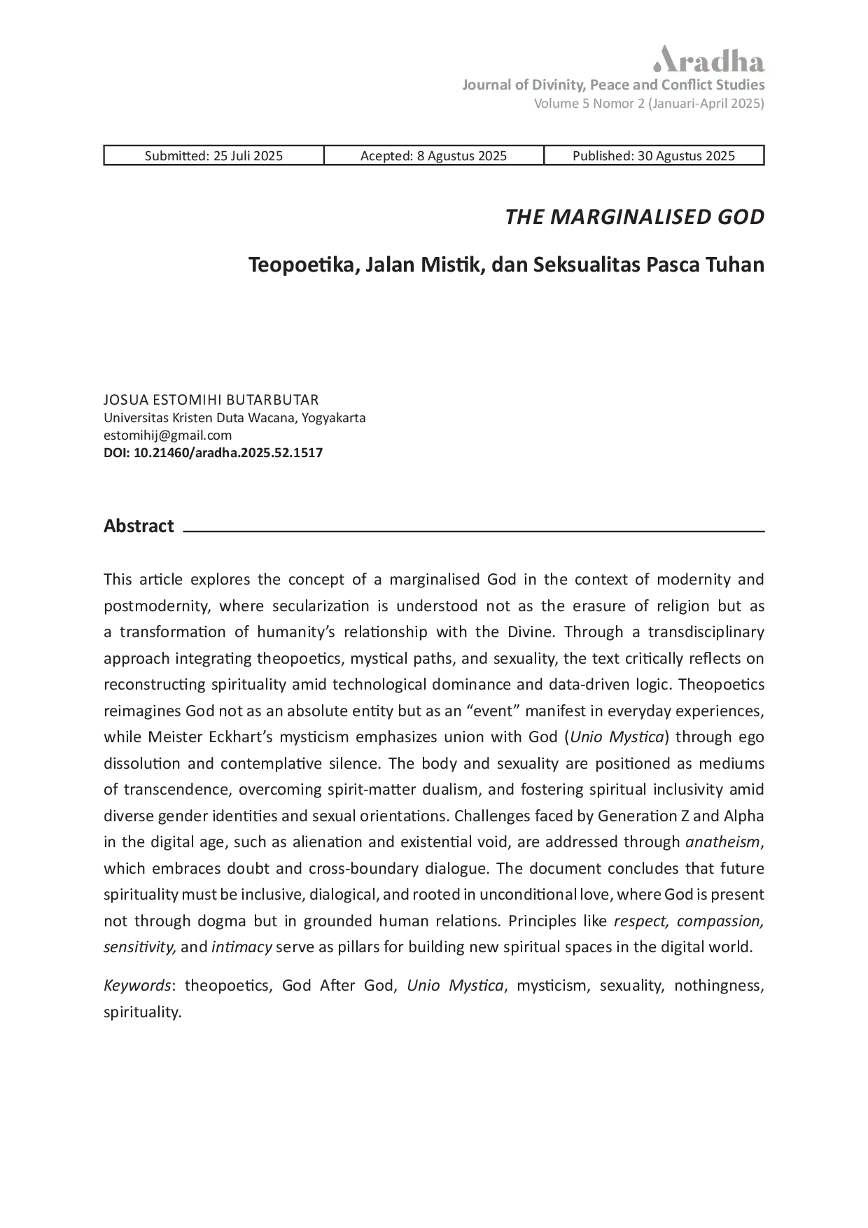 JURIS The Marginalised God Teopoetika Jalan Mistik dan Seksualitas Pasca Tuhan