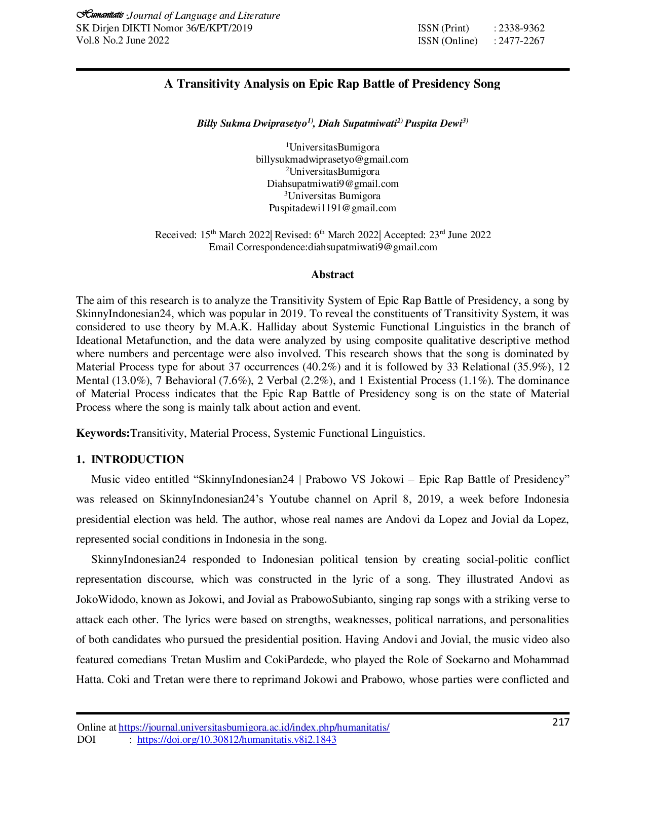 JURIS A Transitivity Analysis on Epic Rap Battle of Presidency Song