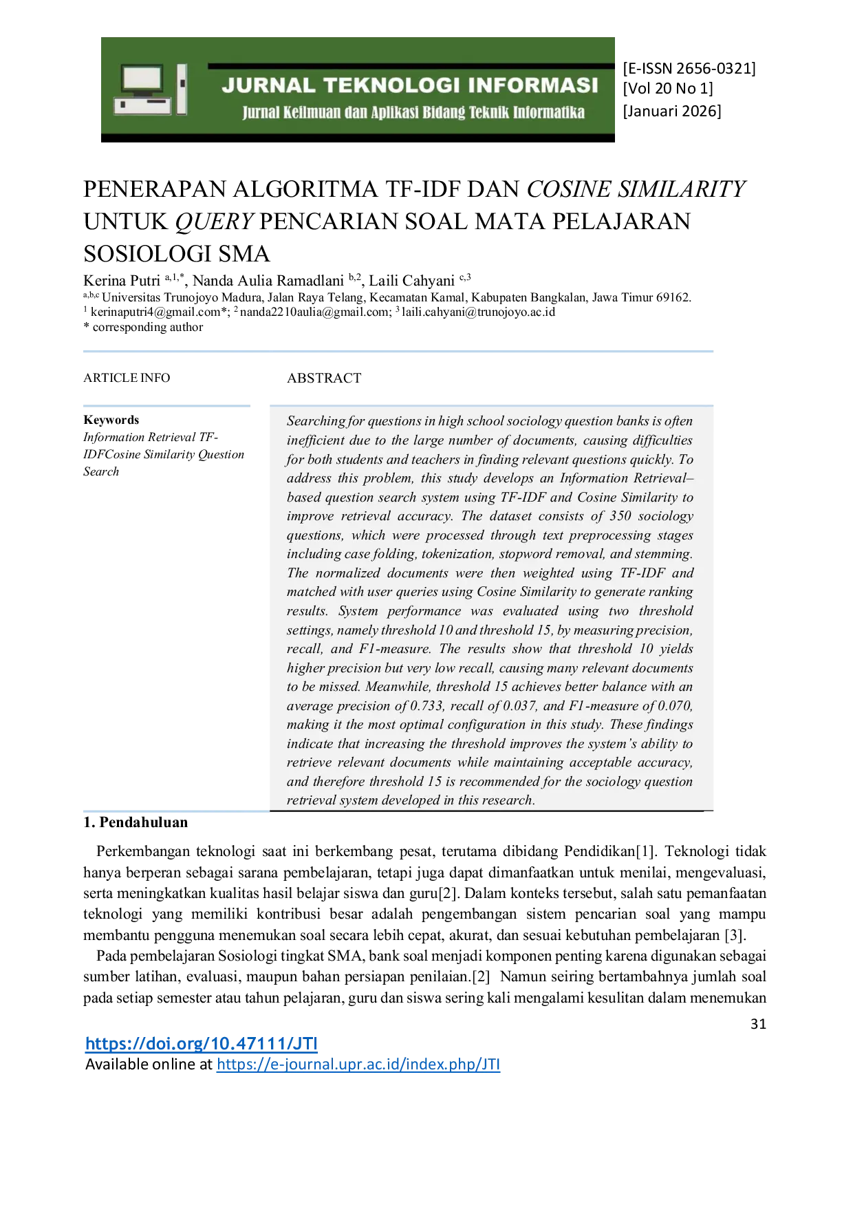 JURIS Penerapan Algoritma Tf Idf Dan Cosine Similarity Untuk Query Pencarian Soal Mata Pelajaran Sosiologi Sma