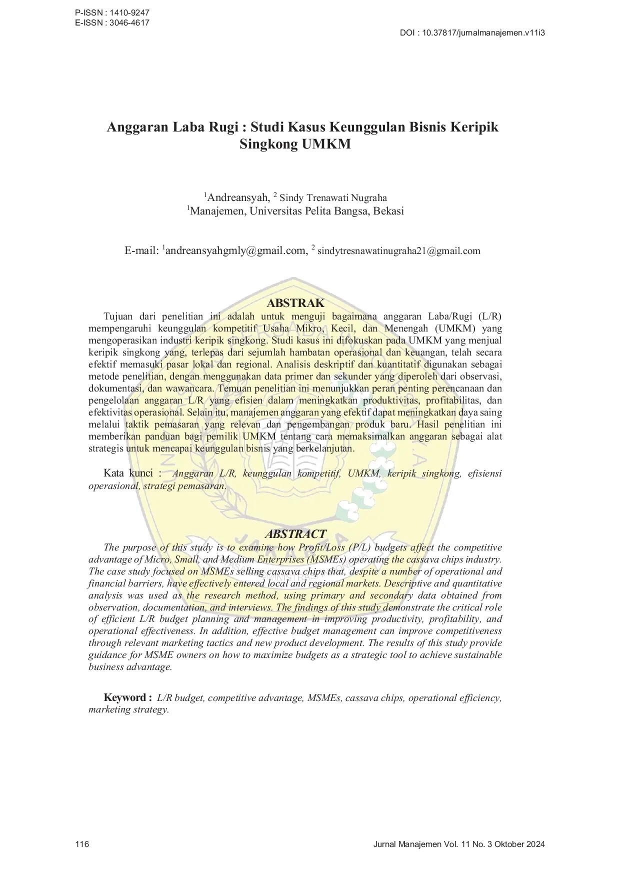 JURIS Anggaran Laba Rugi Studi Kasus Keunggulan Bisnis Keripik Singkong UMKM