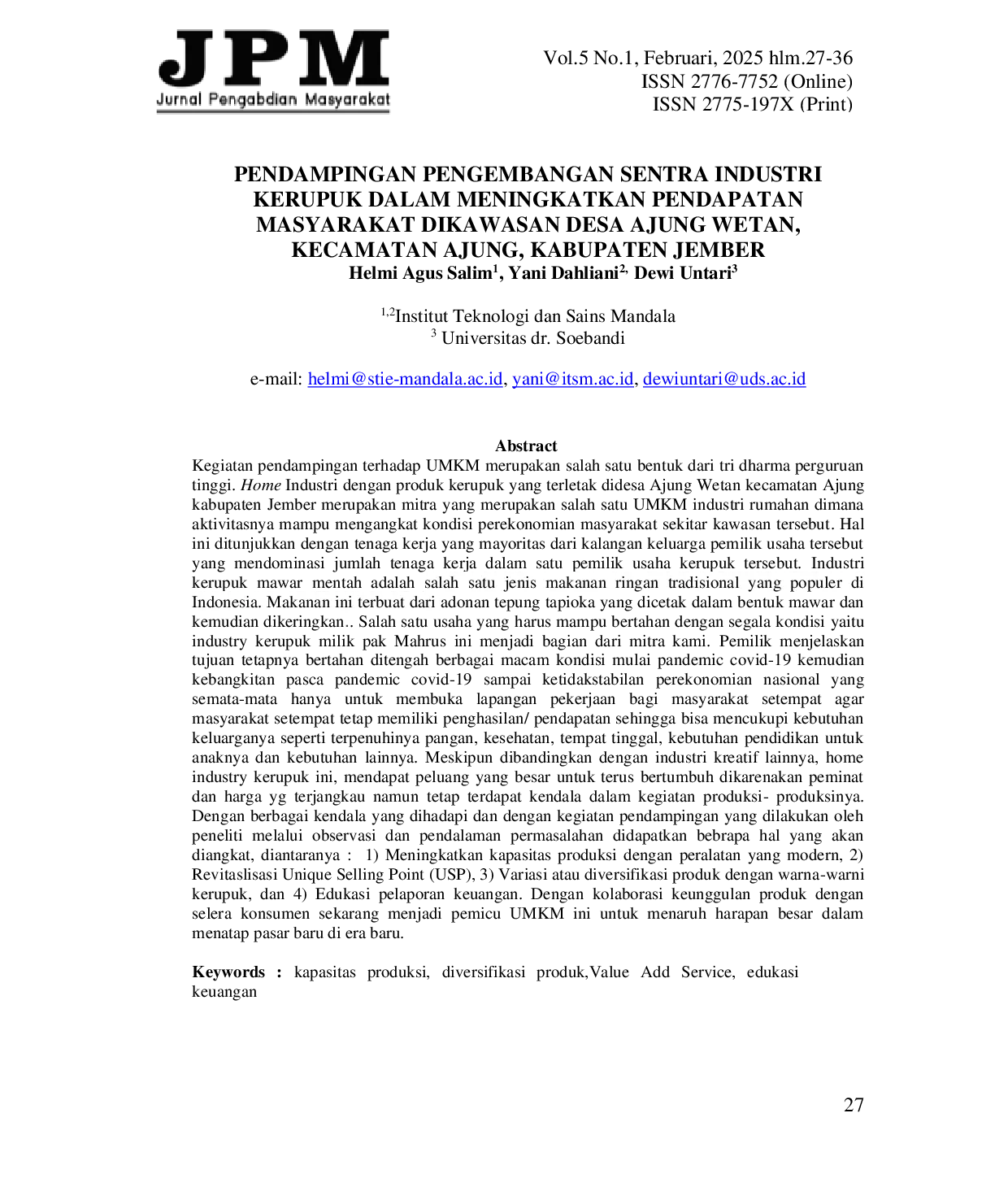 JURIS Pendampingan Pengembangan Sentra Industri Kerupuk Dalam Meningkatkan Pendapatan Masyarakat Di Kawasan Desa Ajung Wetan Kecamatan Ajung Kabupaten Jember