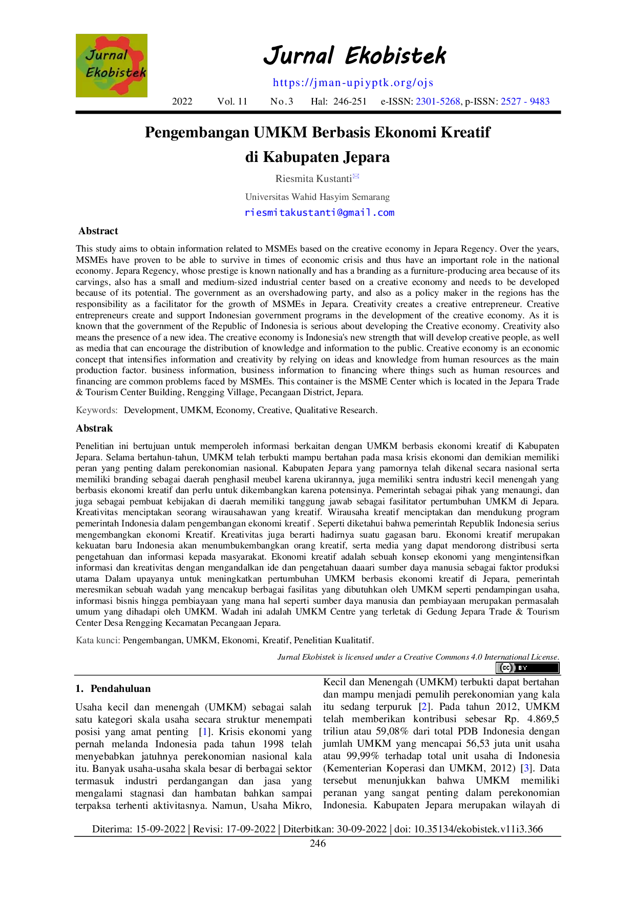 JURIS Pengembangan UMKM Berbasis Ekonomi Kreatif di Kabupaten Jepara