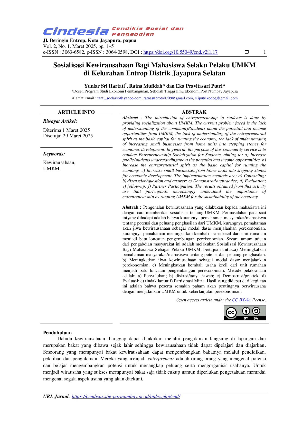 JURIS Sosialisasi Kewirausahaan Bagi Mahasiswa Selaku Pelaku UMKM di Kelurahan Entrop Distrik Jayapura Selatan