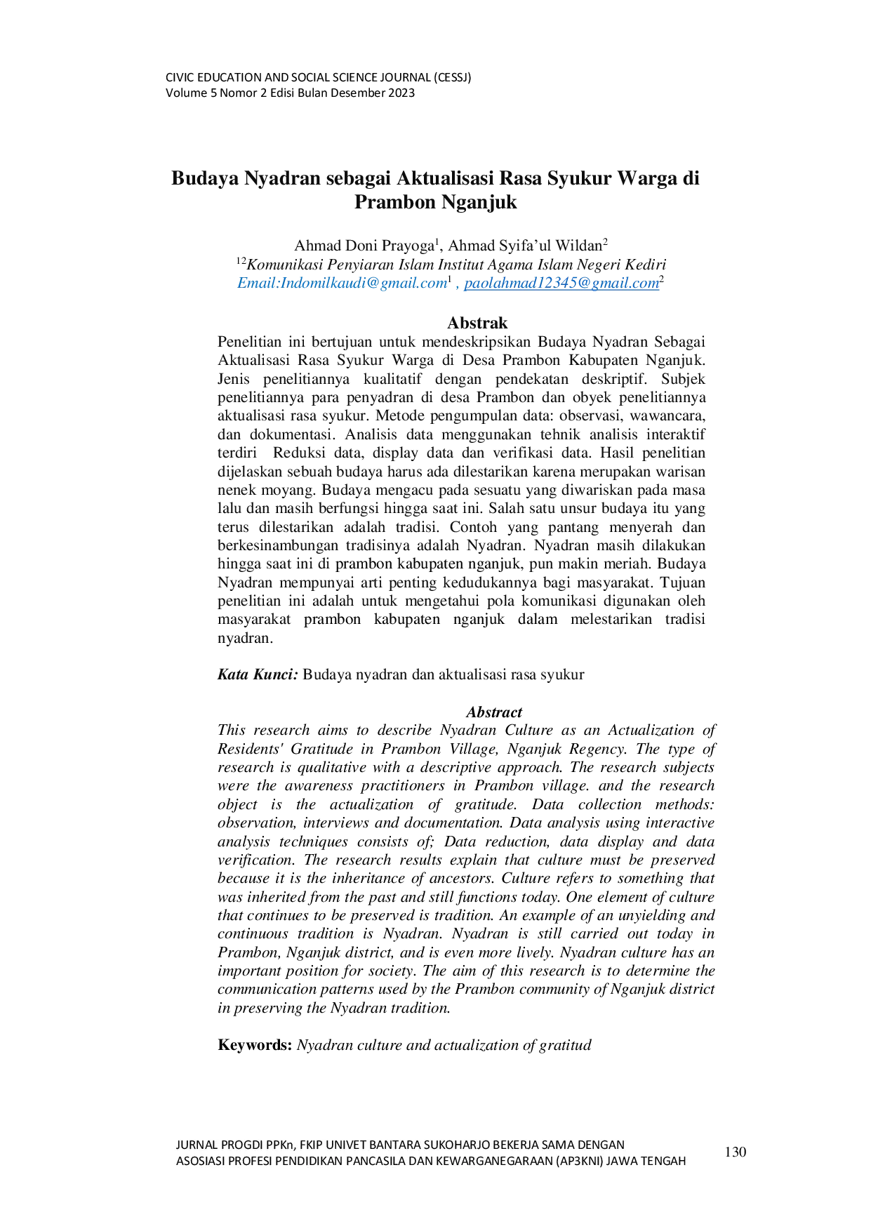 JURIS Budaya Nyadran sebagai Aktualisasi Rasa Syukur Warga di Prambon Nganjuk