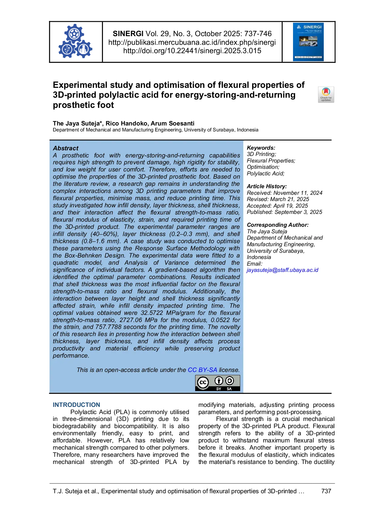 JURIS Experimental study and optimisation of flexural properties of 3D printed polylactic acid for energy storing and returning prosthetic foot