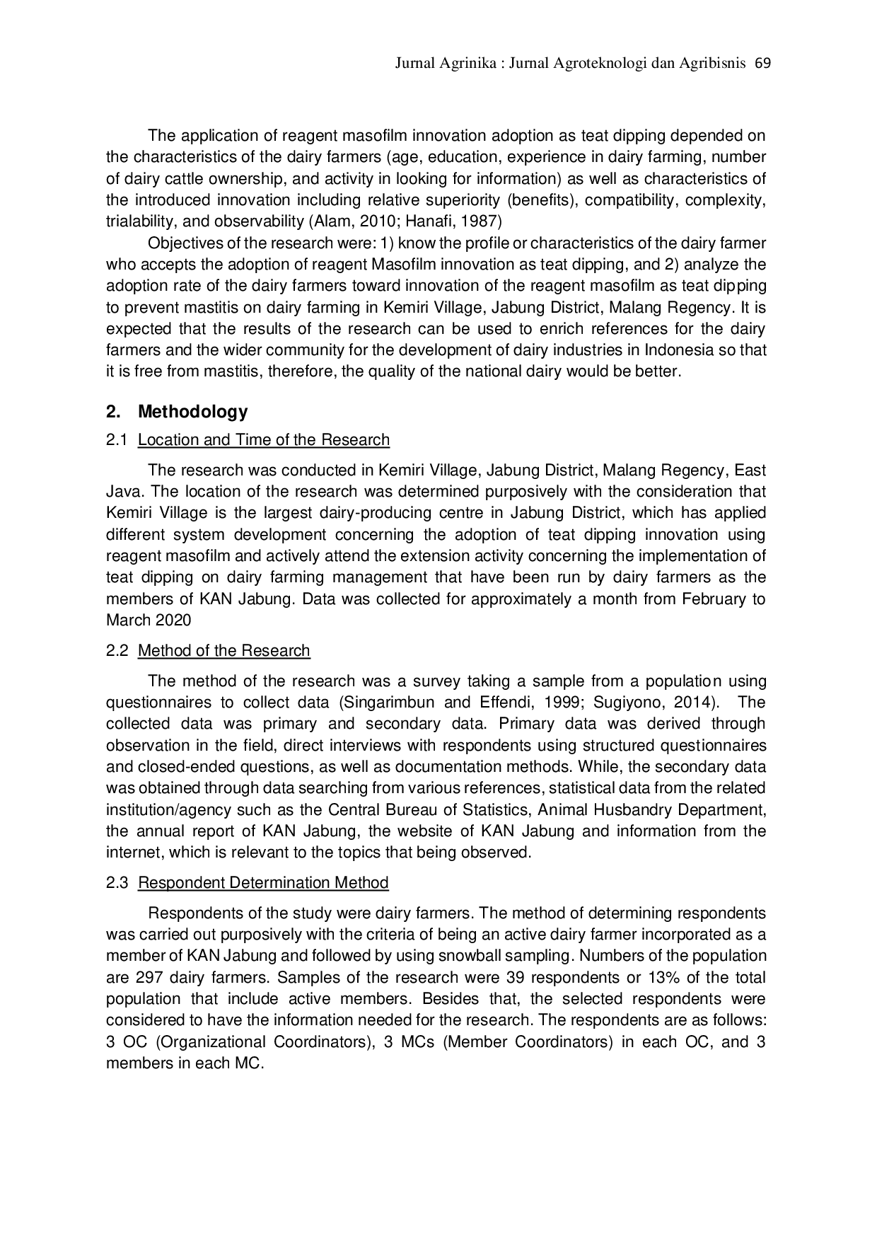 JURIS The Adoption Rate of Reagent Masofilm Innovation as Teat Dipping to Prevent Mastitis in Kemiri Village Jabung District Malang Regency