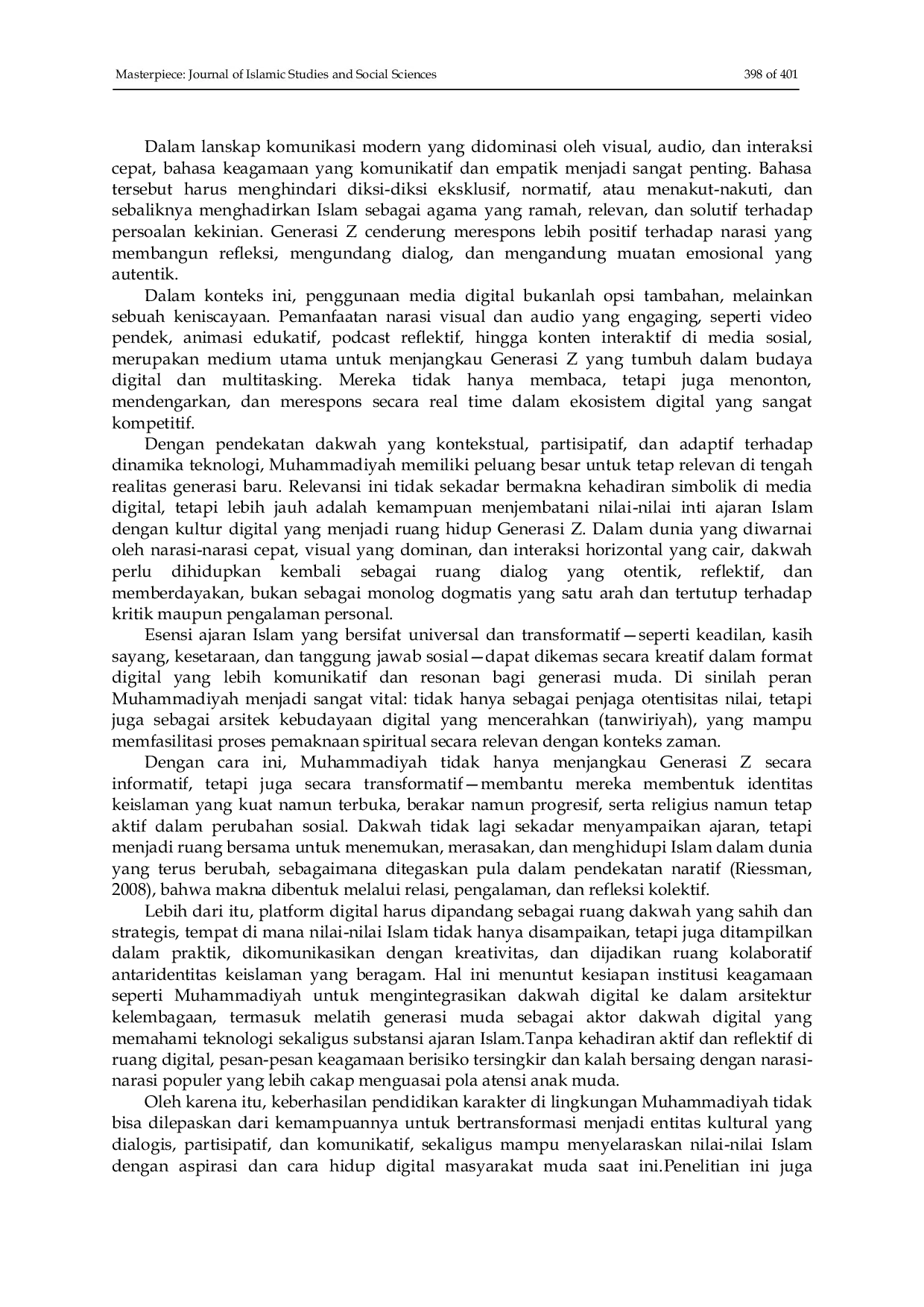 JURIS Revitalisasi Peran Organisasi Keagamaan Muhammadiyah dalam Penguatan Karakter Generasi Z