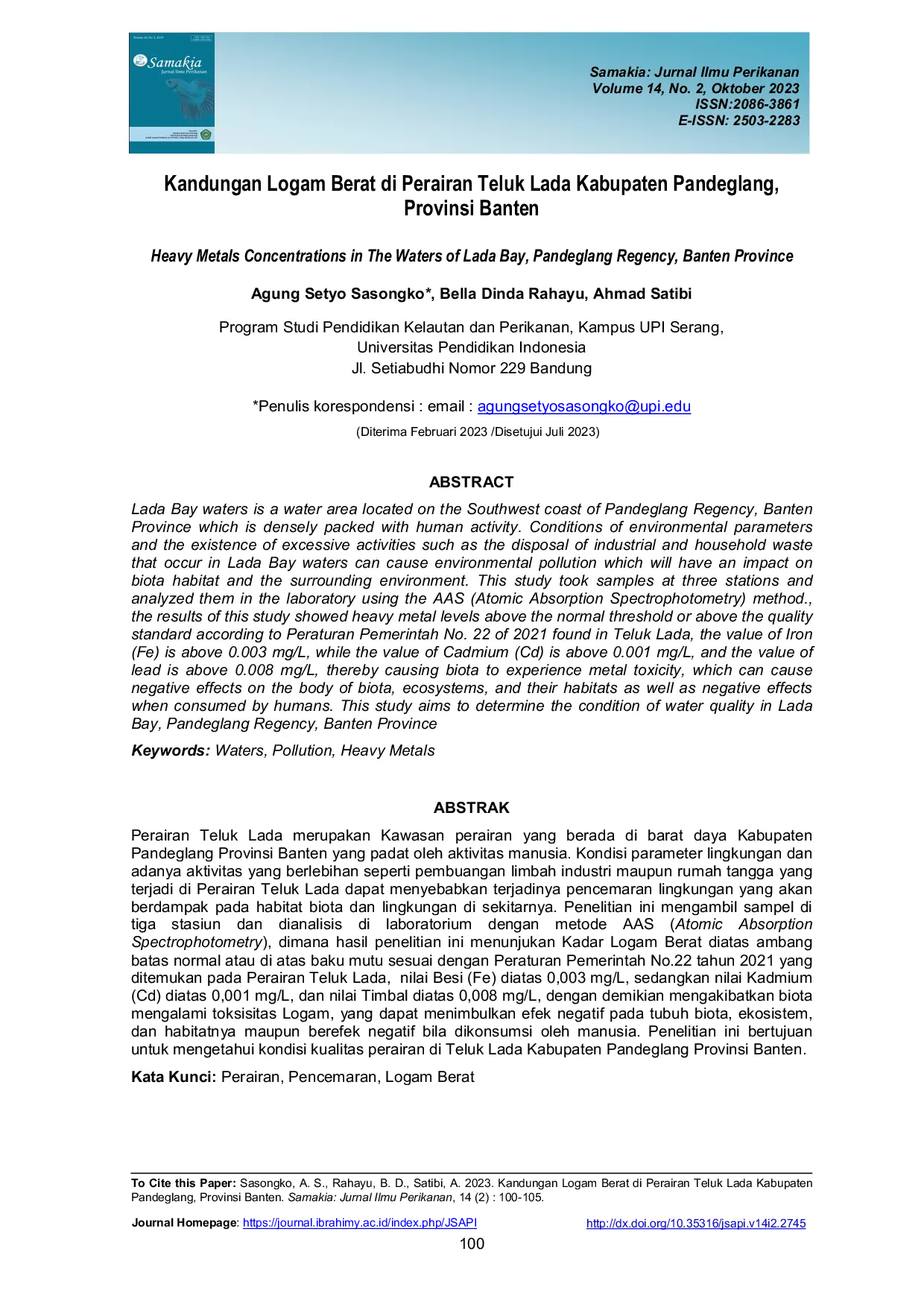 JURIS Kandungan Logam Berat di Perairan Teluk Lada Kabupaten Pandeglang Provinsi Banten