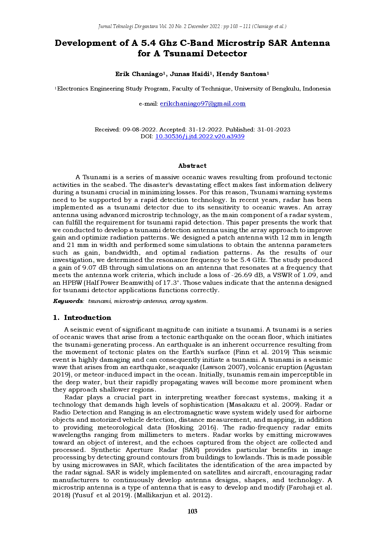 juris Development of A 5 4 Ghz C Band Microstrip SAR Antenna for A Tsunami Detector
