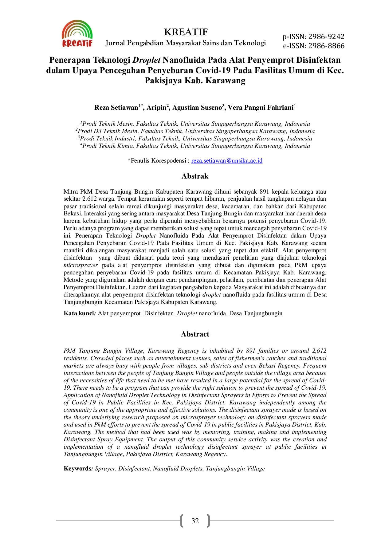 JURIS Penerapan Teknologi Droplet Nanofluida Pada Alat Penyemprot Disinfektan dalam Upaya Pencegahan Penyebaran Covid 19 Pada Fasilitas Umum di Kec Pakisjaya Kab Karawang