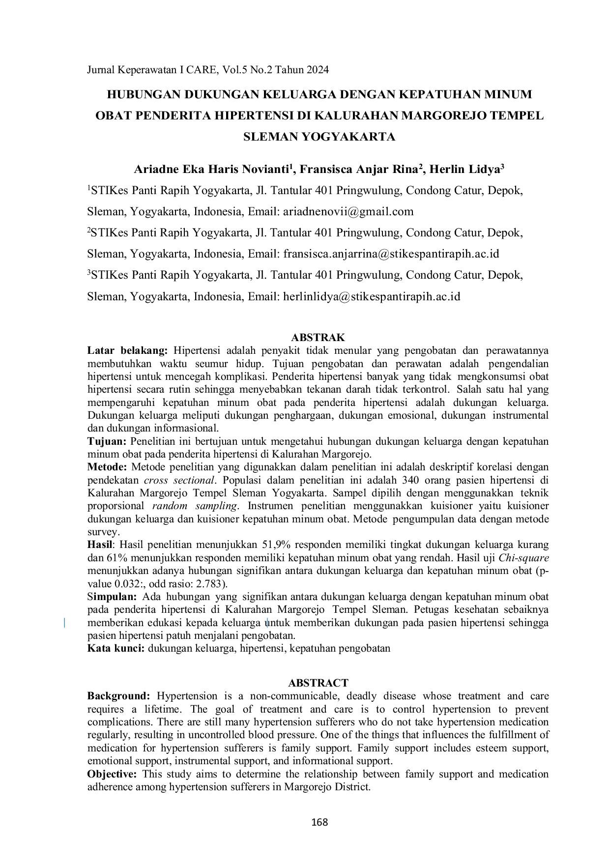 JURIS Hubungan Dukungan Keluarga Dengan Kepatuhan Minum Obat Penderita Hipertensi di Kalurahan Margorejo Tempel Sleman Yogyakarta