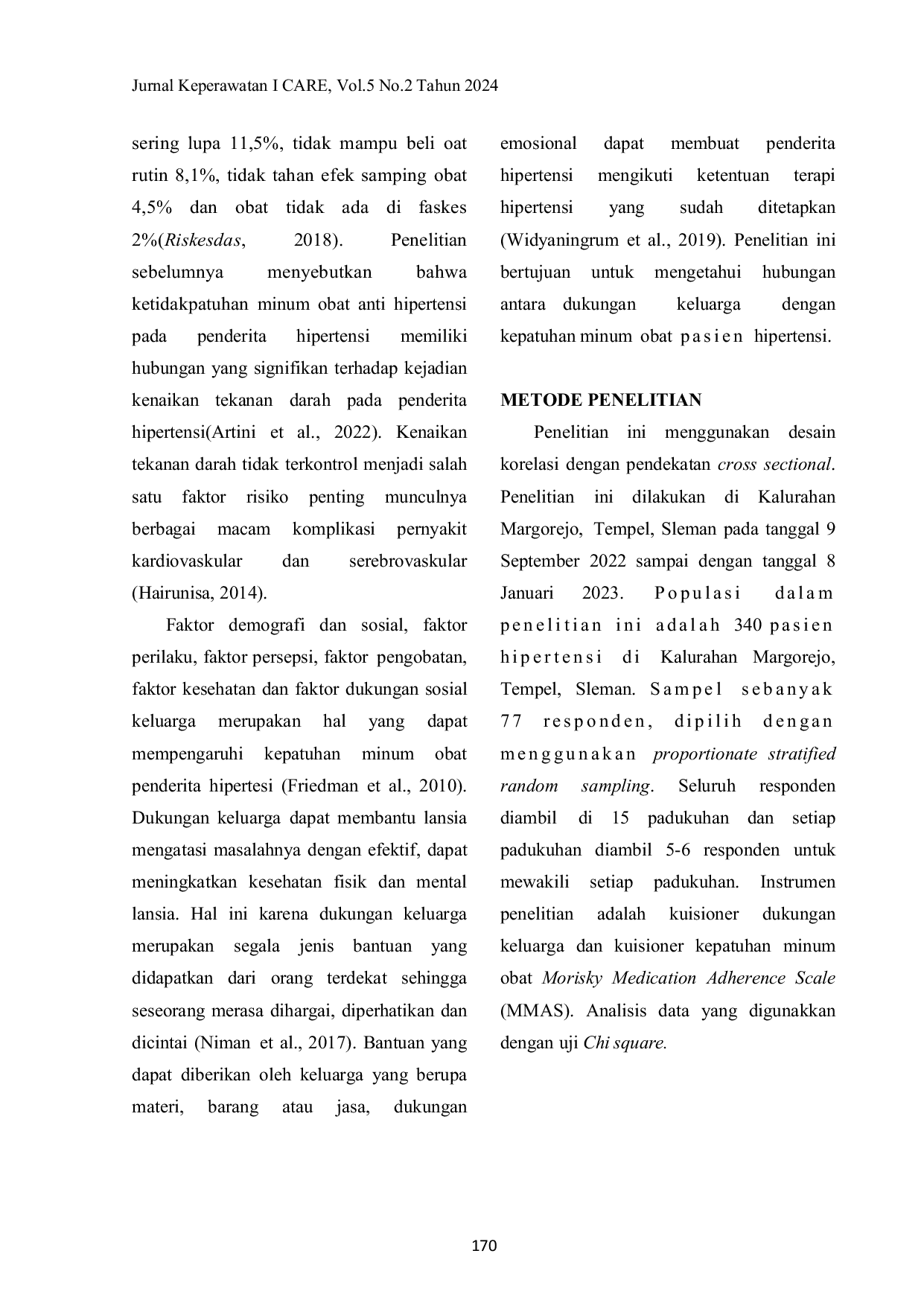 JURIS Hubungan Dukungan Keluarga Dengan Kepatuhan Minum Obat Penderita Hipertensi di Kalurahan Margorejo Tempel Sleman Yogyakarta