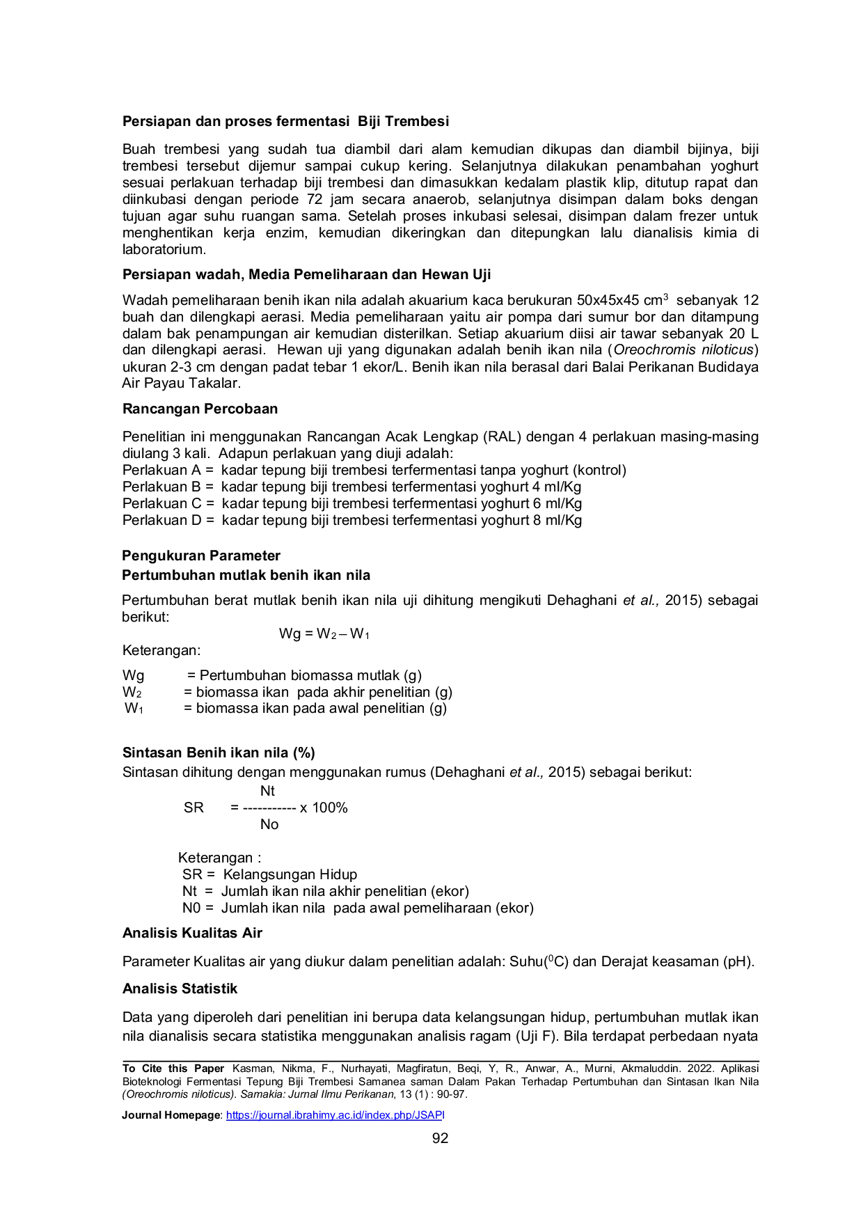 JURIS Aplikasi Bioteknologi Fermentasi Tepung Biji Trembesi Samanea saman Dalam Pakan Terhadap Pertumbuhan dan Sintasan Ikan Nila Oreochromis niloticus