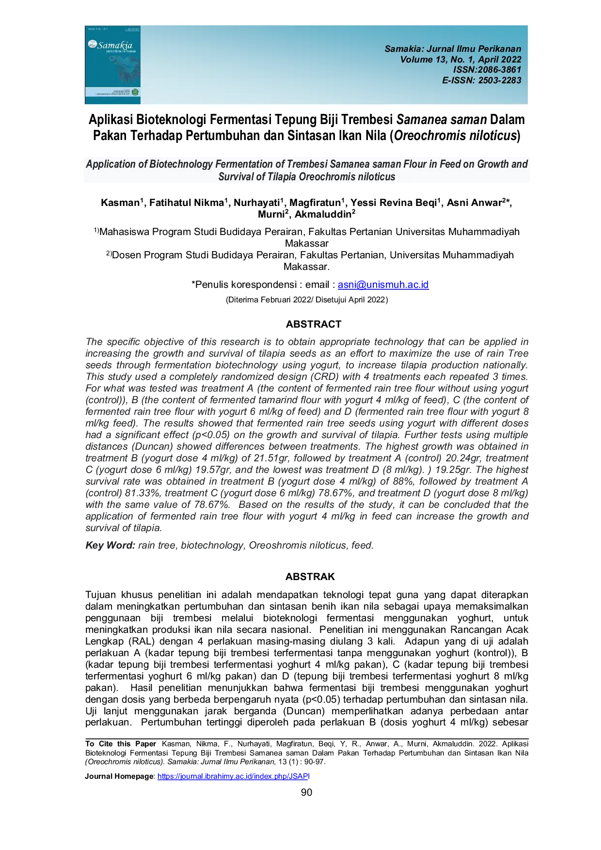 JURIS Aplikasi Bioteknologi Fermentasi Tepung Biji Trembesi Samanea saman Dalam Pakan Terhadap Pertumbuhan dan Sintasan Ikan Nila Oreochromis niloticus