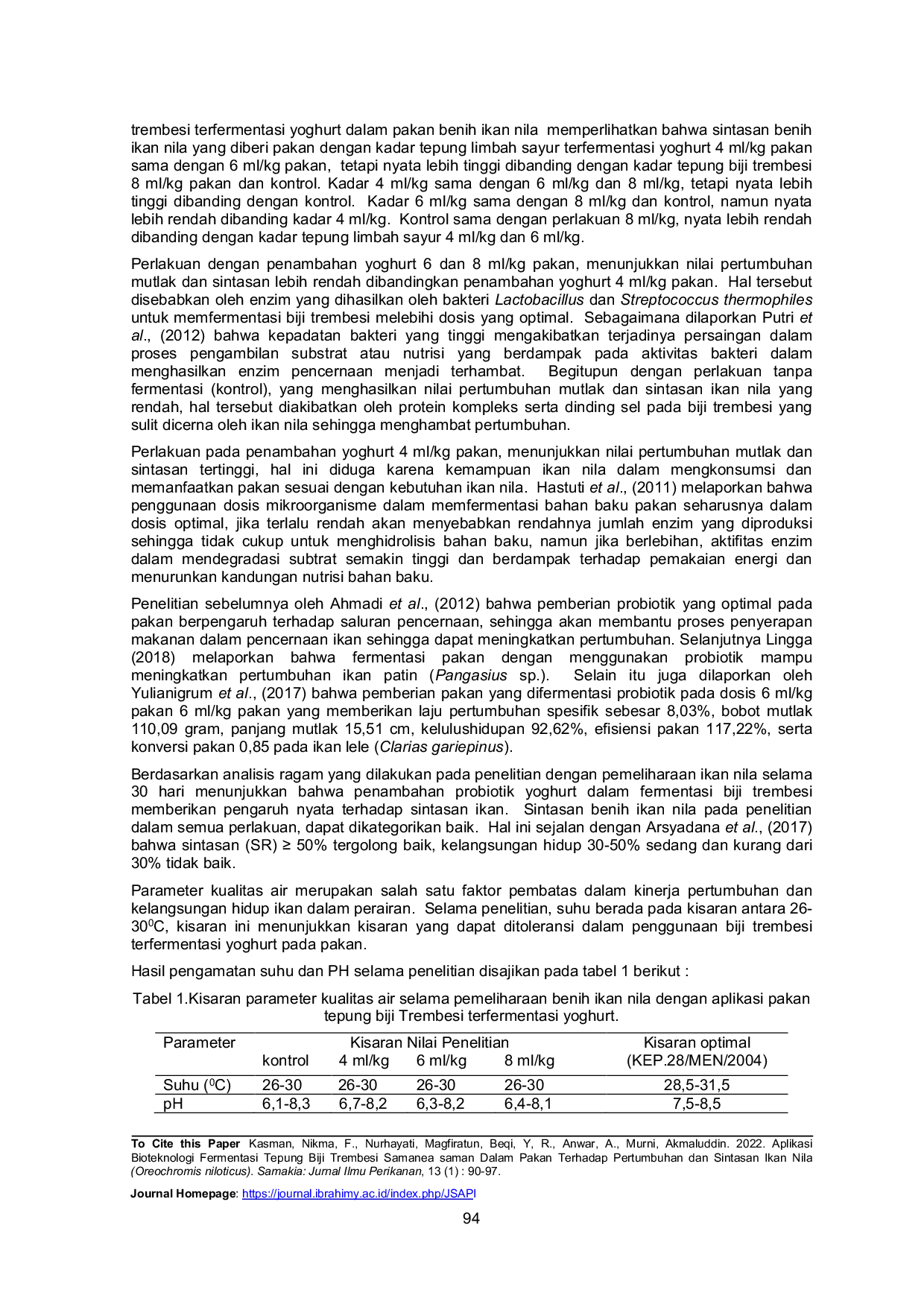 JURIS Aplikasi Bioteknologi Fermentasi Tepung Biji Trembesi Samanea saman Dalam Pakan Terhadap Pertumbuhan dan Sintasan Ikan Nila Oreochromis niloticus