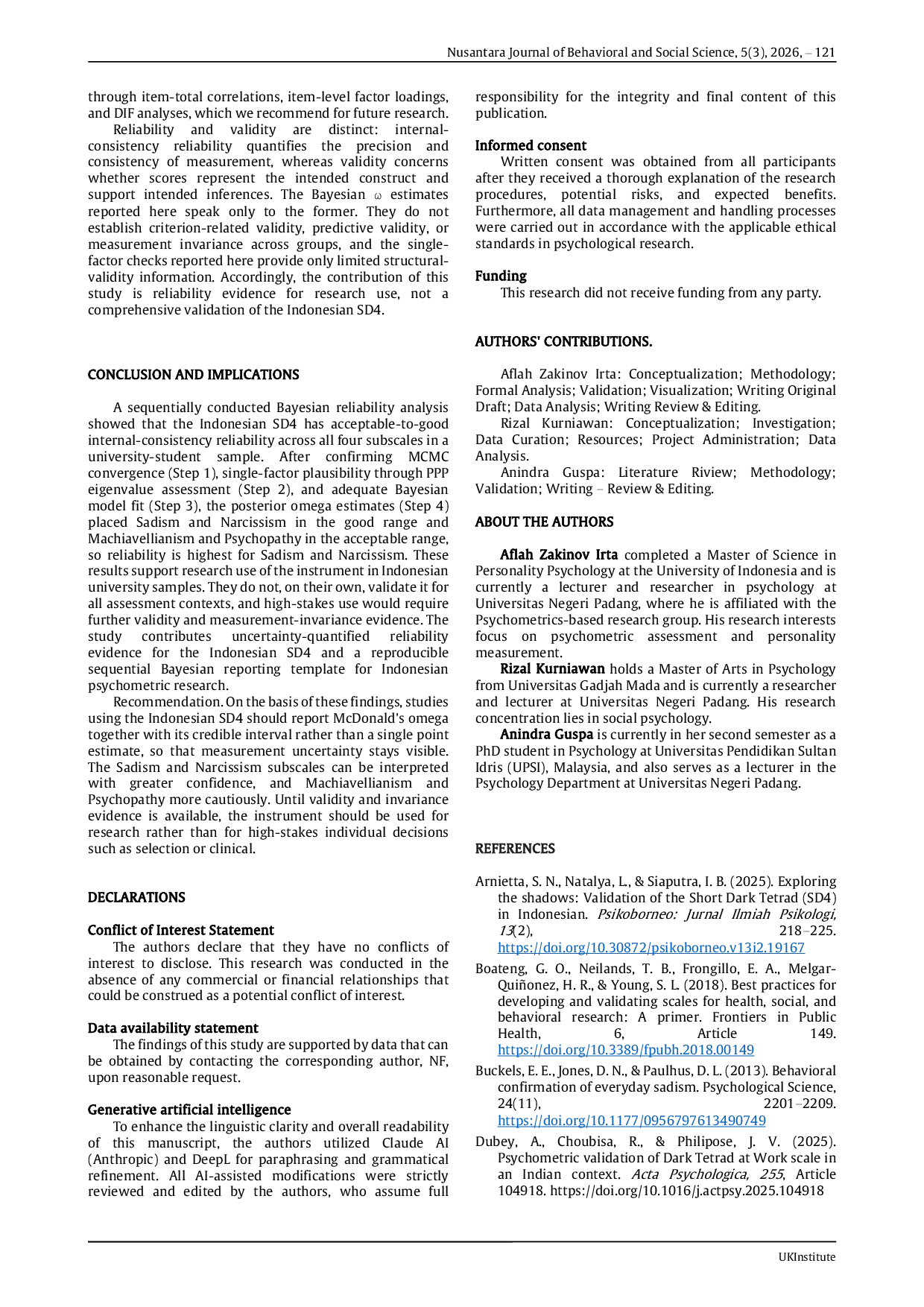 JURIS How Reliable How Certain A Bayesian Reliability Analysis of the Short Dark Tetrad SD4 Among Indonesian University Students