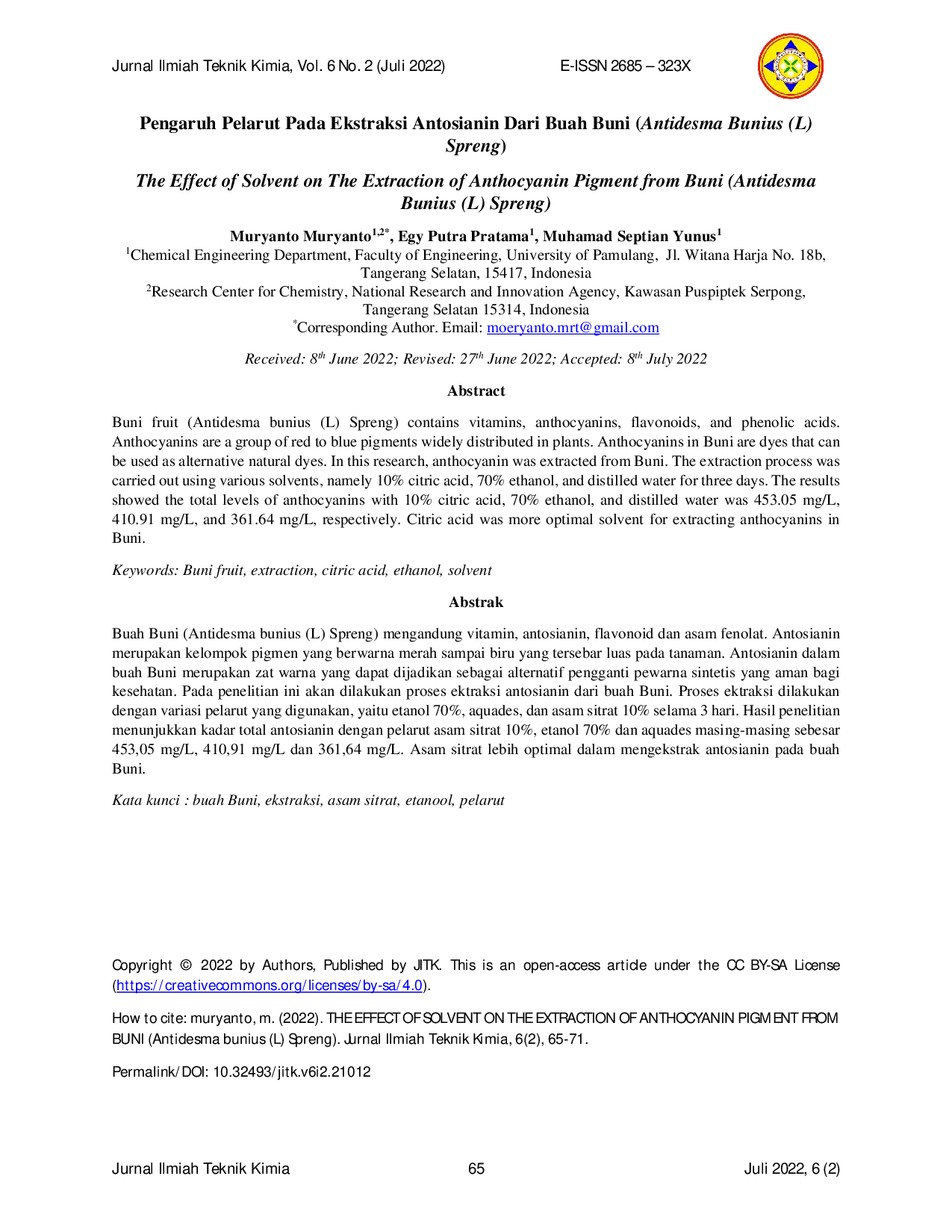 JURIS The Effect of Solvent on The Extraction of Anthocyanin Pigment from Buni Antidesma bunius L Spreng