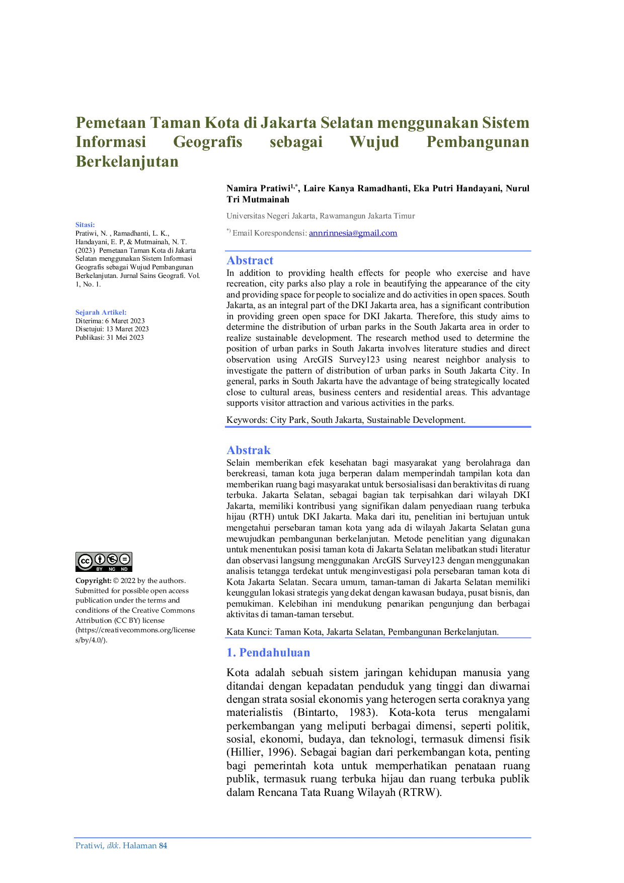 JURIS Pemetaan Taman Kota di Jakarta Selatan menggunakan Sistem Informasi Geografi sebagai Wujud Pembangunan Berkelanjutan