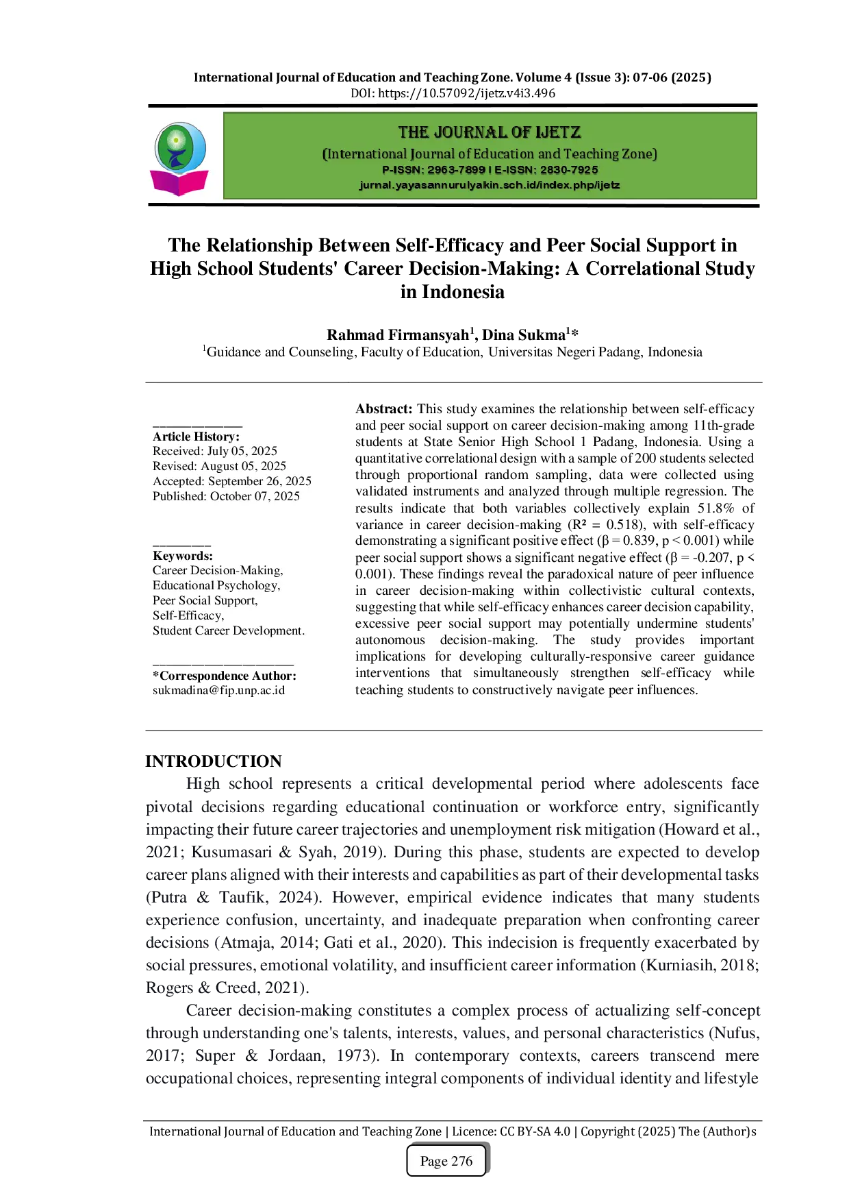 JURIS The Relationship Between Self Efficacy and Peer Social Support in High School Students Career Decision Making A Correlational Study in Indonesia