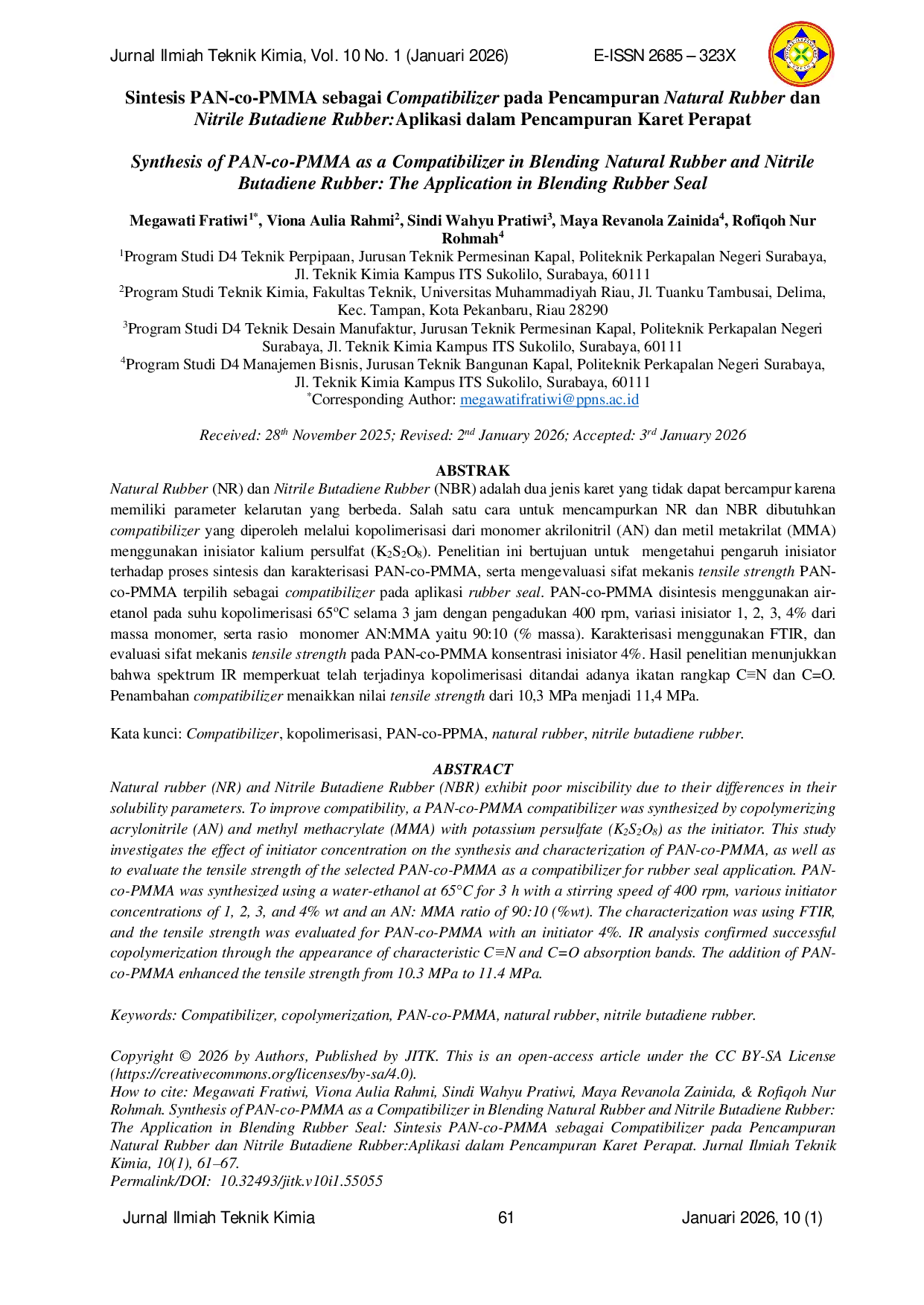 JURIS Sintesis PAN co PMMA sebagai Compatibilizer pada Pencampuran Natural Rubber dan Nitrile Butadiene Rubber Aplikasi dalam Pencampuran Karet Perapat