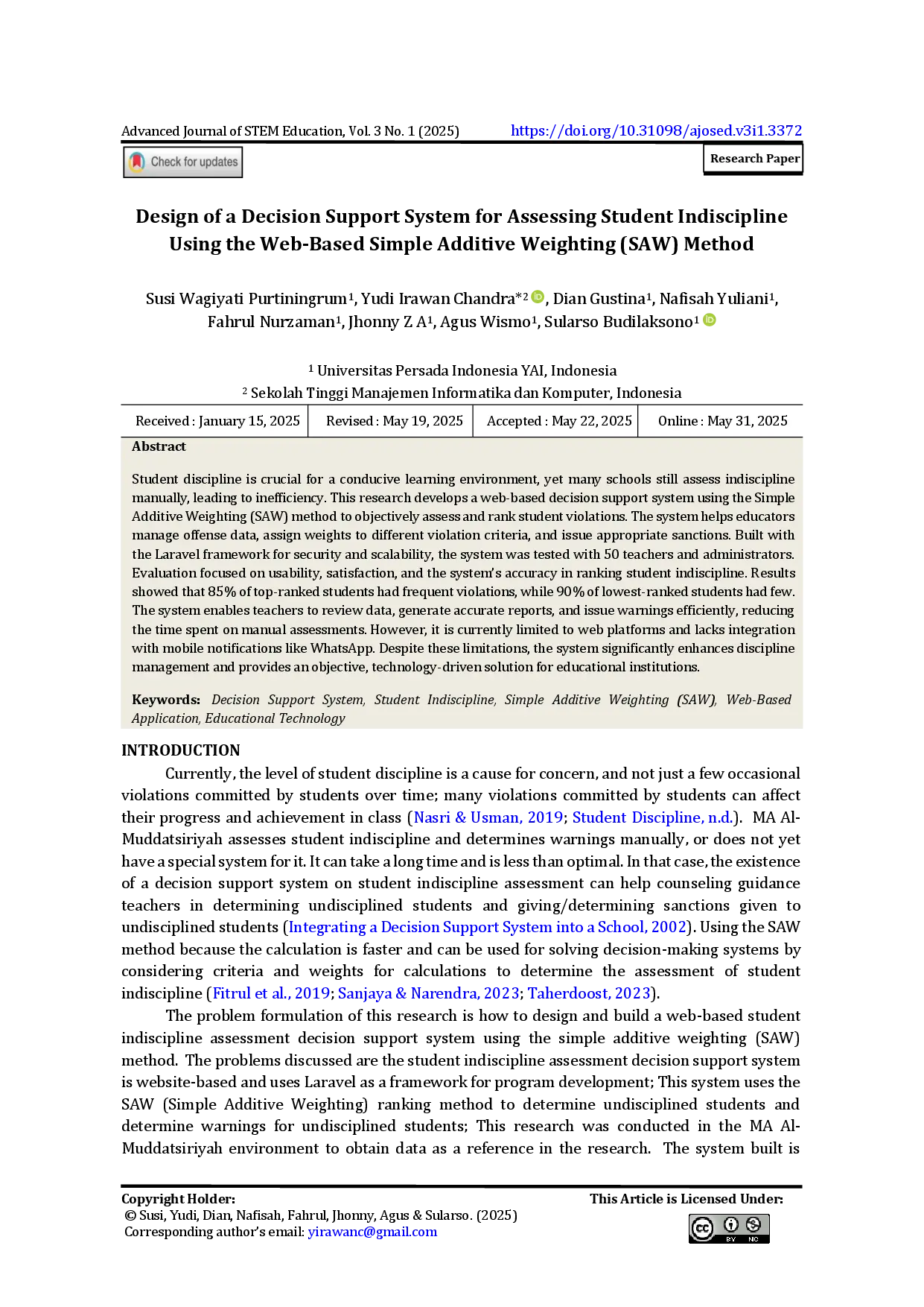 juris Design of a Decision Support System for Assessing Student Indiscipline Using the Web Based Simple Additive Weighting SAW Method