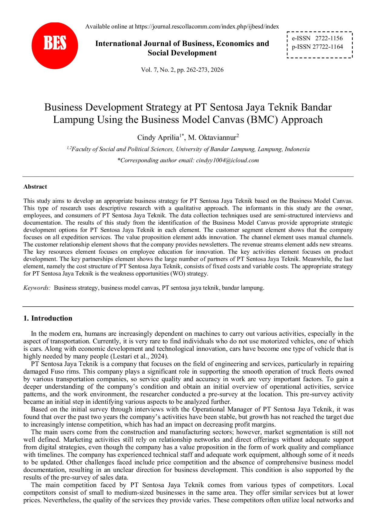 JURIS Business Development Strategy at PT Sentosa Jaya Teknik Bandar Lampung Using the Business Model Canvas BMC Approach