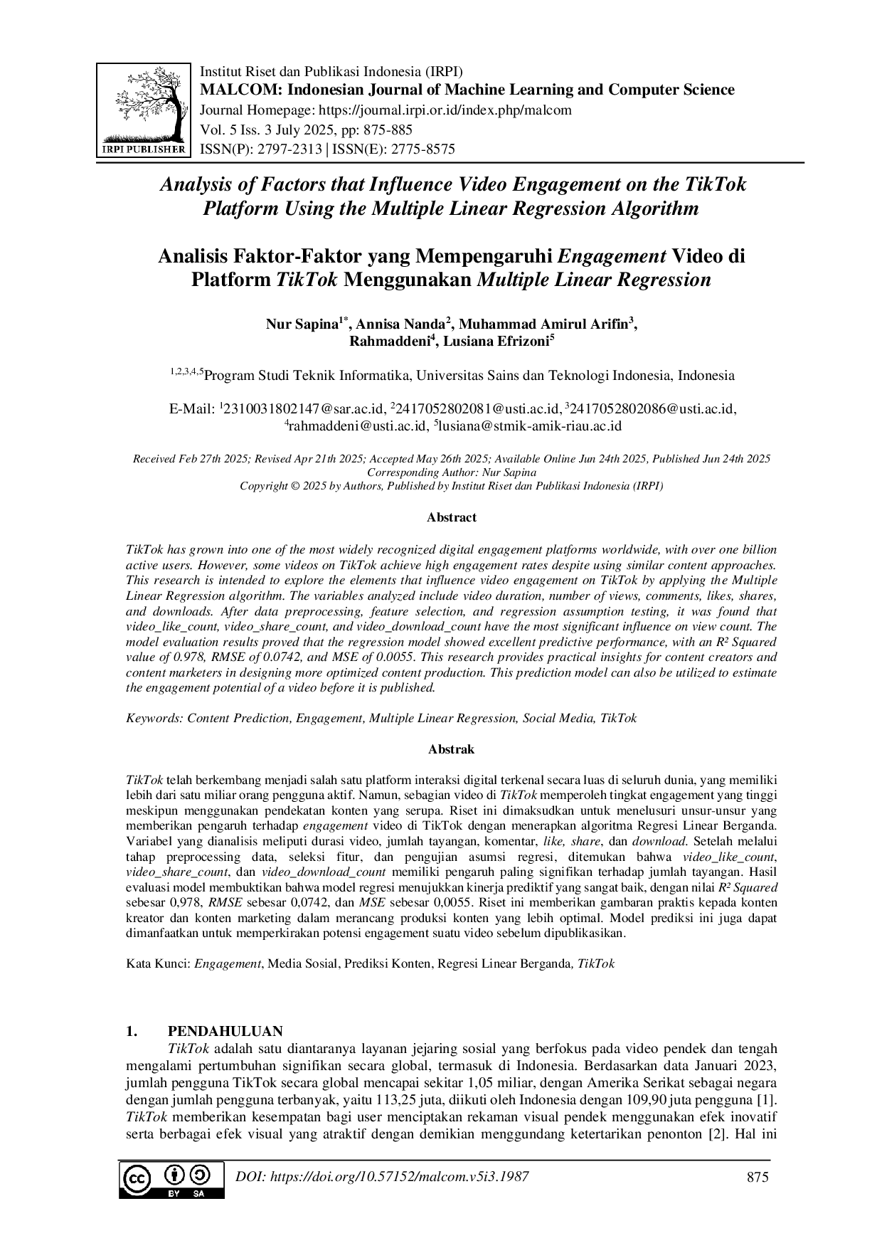 juris Analisis Faktor Faktor yang Mempengaruhi Engagement Video di Platform TikTok Menggunakan Multiple Linear Regression