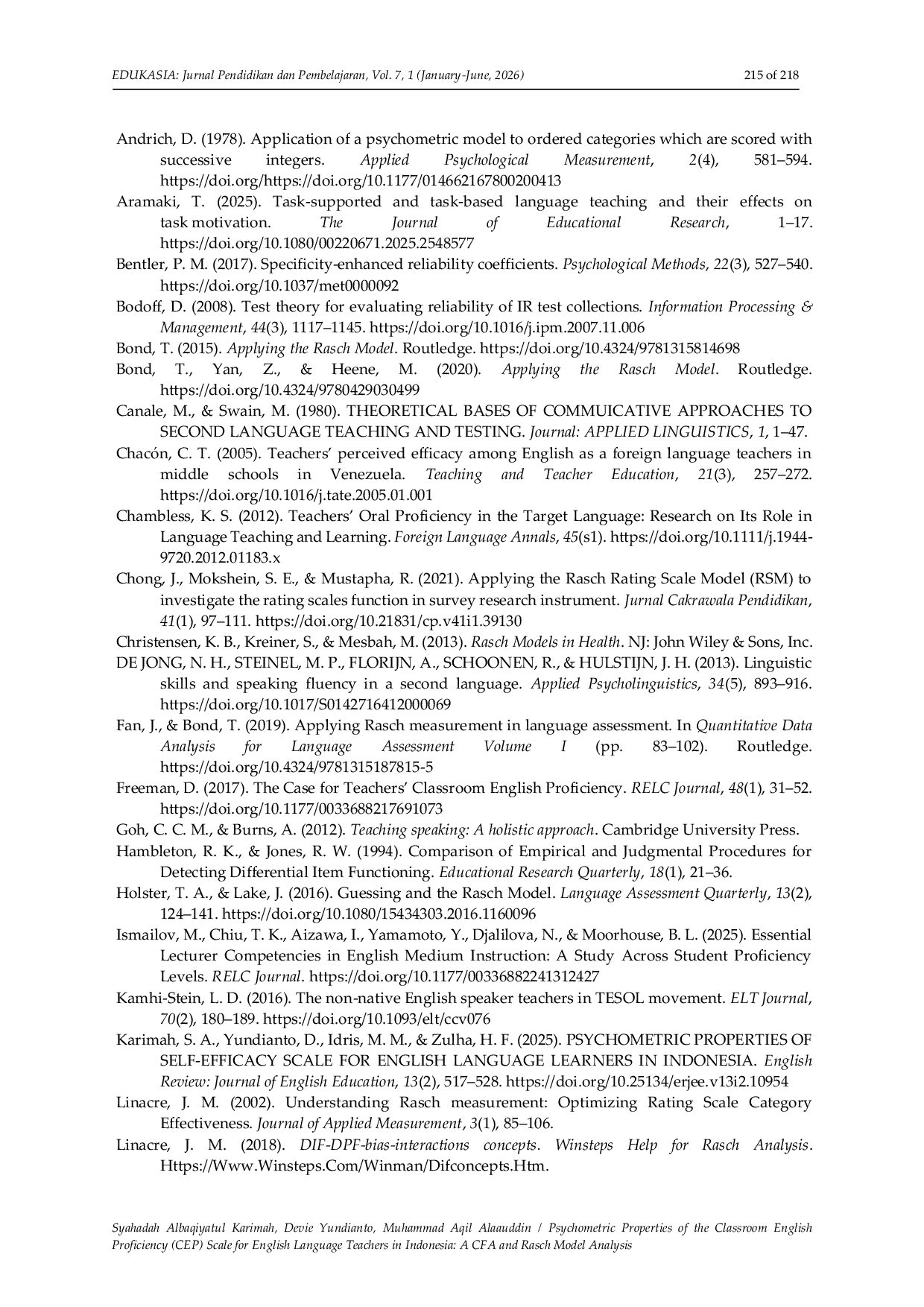 JURIS Psychometric Properties of the Classroom English Proficiency CEP Scale for English Language Teachers in Indonesia A CFA and Rasch Model Analysis