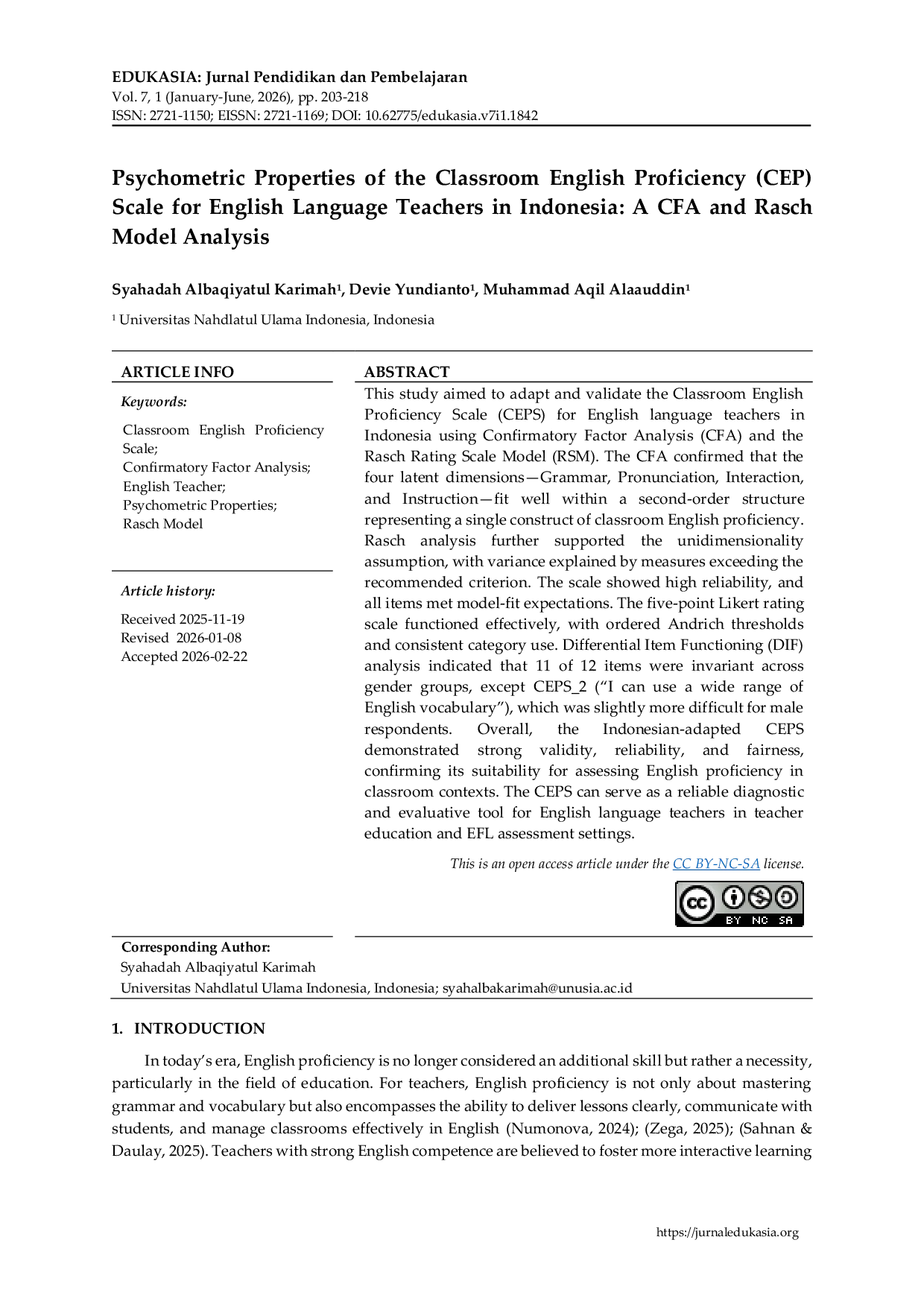 JURIS Psychometric Properties of the Classroom English Proficiency CEP Scale for English Language Teachers in Indonesia A CFA and Rasch Model Analysis