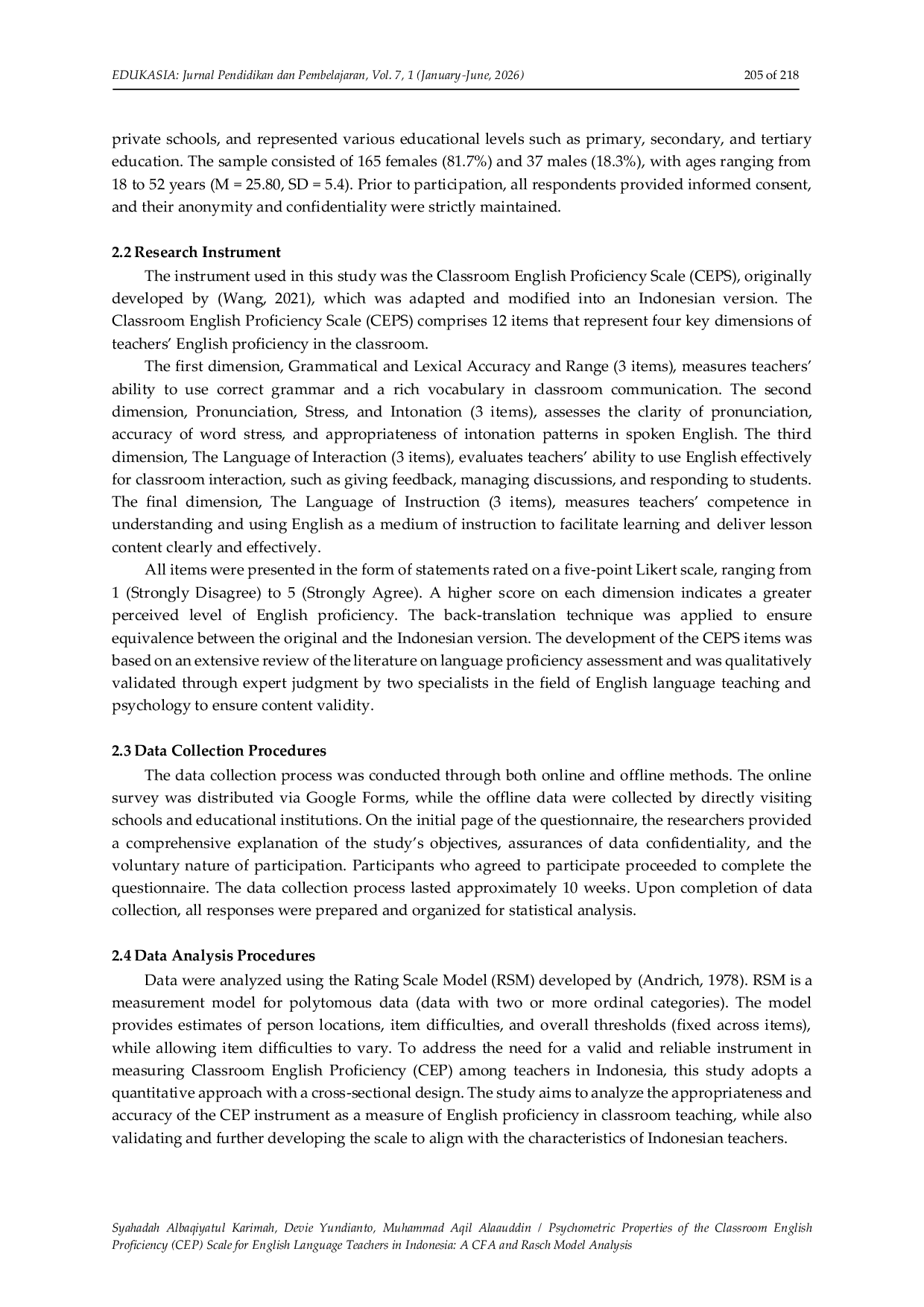 JURIS Psychometric Properties of the Classroom English Proficiency CEP Scale for English Language Teachers in Indonesia A CFA and Rasch Model Analysis