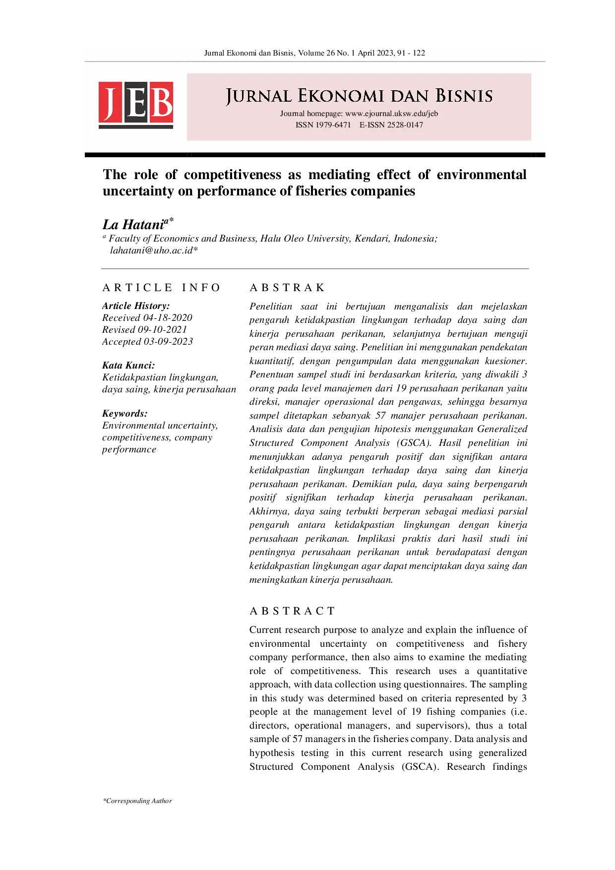 juris The role of competitiveness as mediating effect of environmental uncertainty on performance of fisheries companies