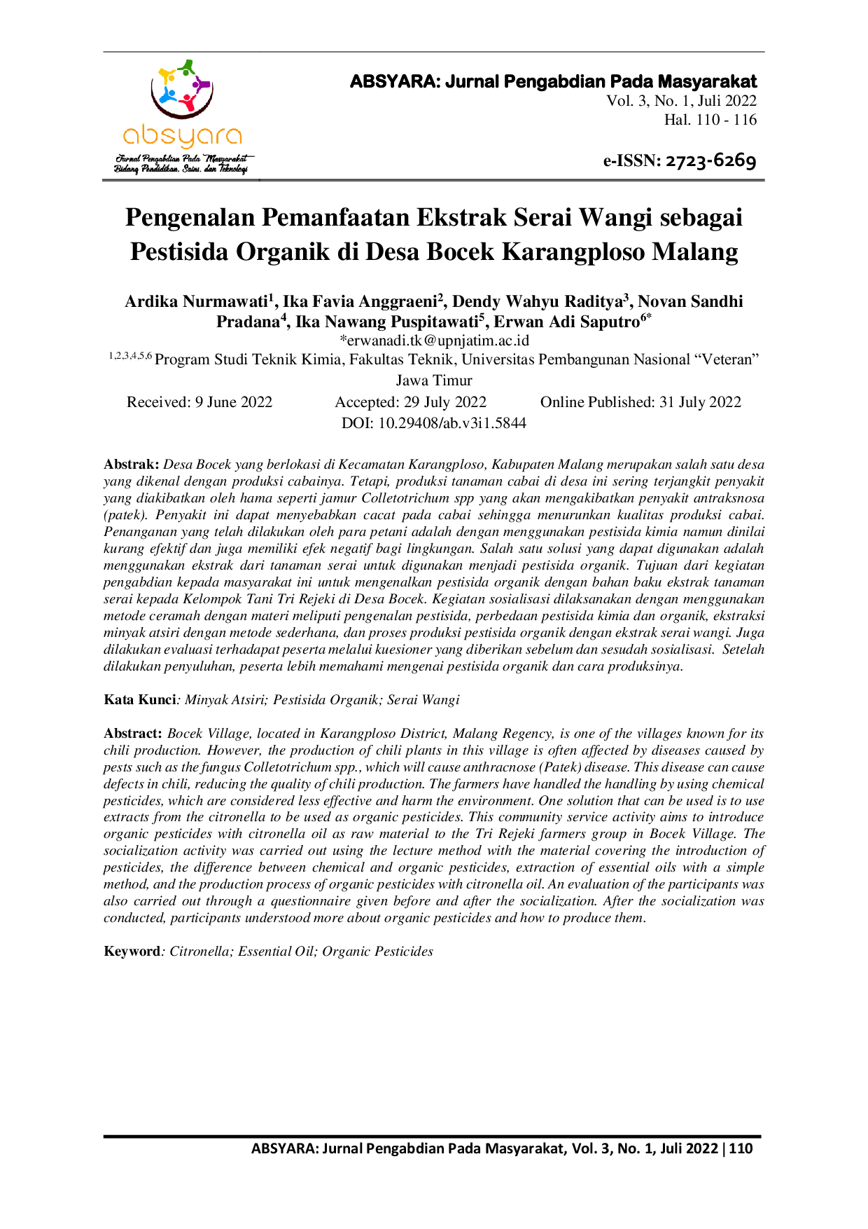 JURIS Introduction to the Utilization of Citronella Extract as Organic Pesticide in Bocek Village Karangploso Malang