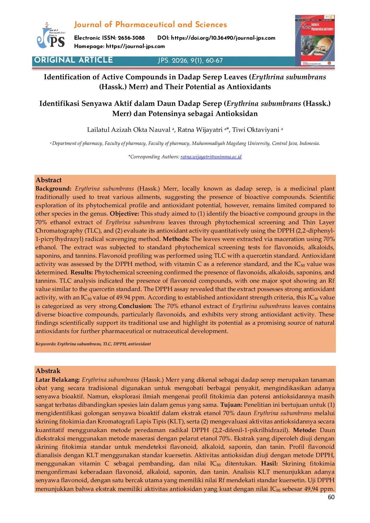 JURIS Identification of Active Compounds in Dadap Serep Leaves Erythrina subumbrans Hassk Merr and Their Potential as Antioxidants