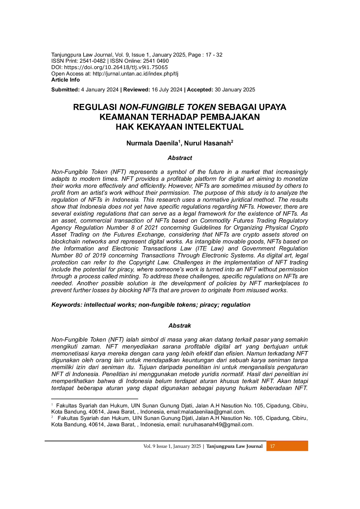 JURIS Regulasi Non Fungible Token Sebagai Upaya Keamanan Terhadap Pembajakan Hak Kekayaan Intelektual