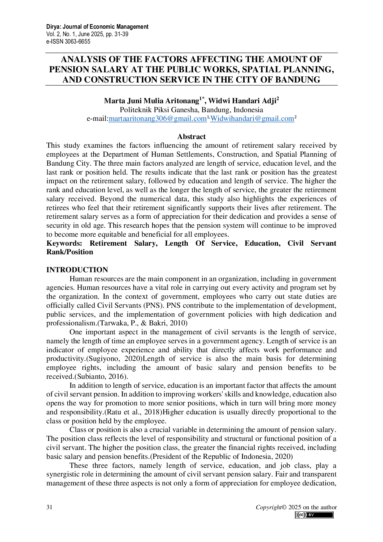 JURIS Analysis of the Factors Affecting the Amount of Pension Salary at the Public Works Spatial Planning and Construction Service in the City of Bandung