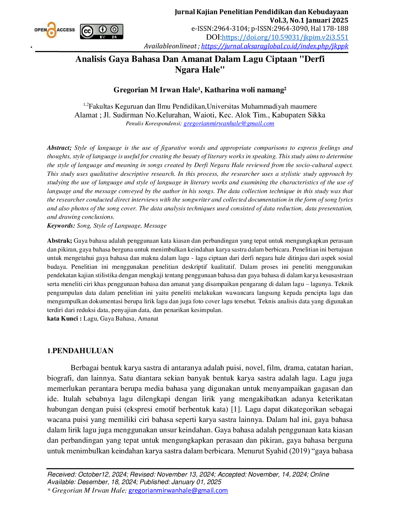 JURIS Analisis Gaya Bahasa Dan Amanat Dalam Lagu Ciptaan Derfi Ngara Hale