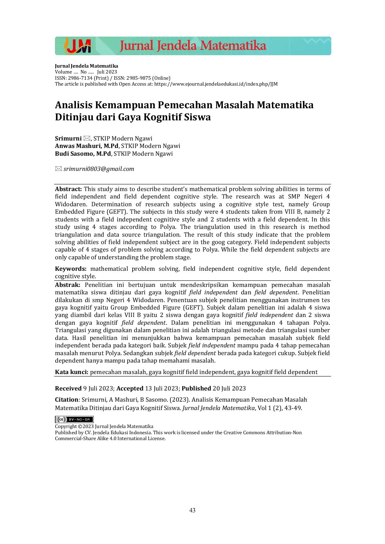 JURIS Analisis Kemampuan Pemecahan Masalah Matematika Ditinjau dari Gaya Kognitif Siswa