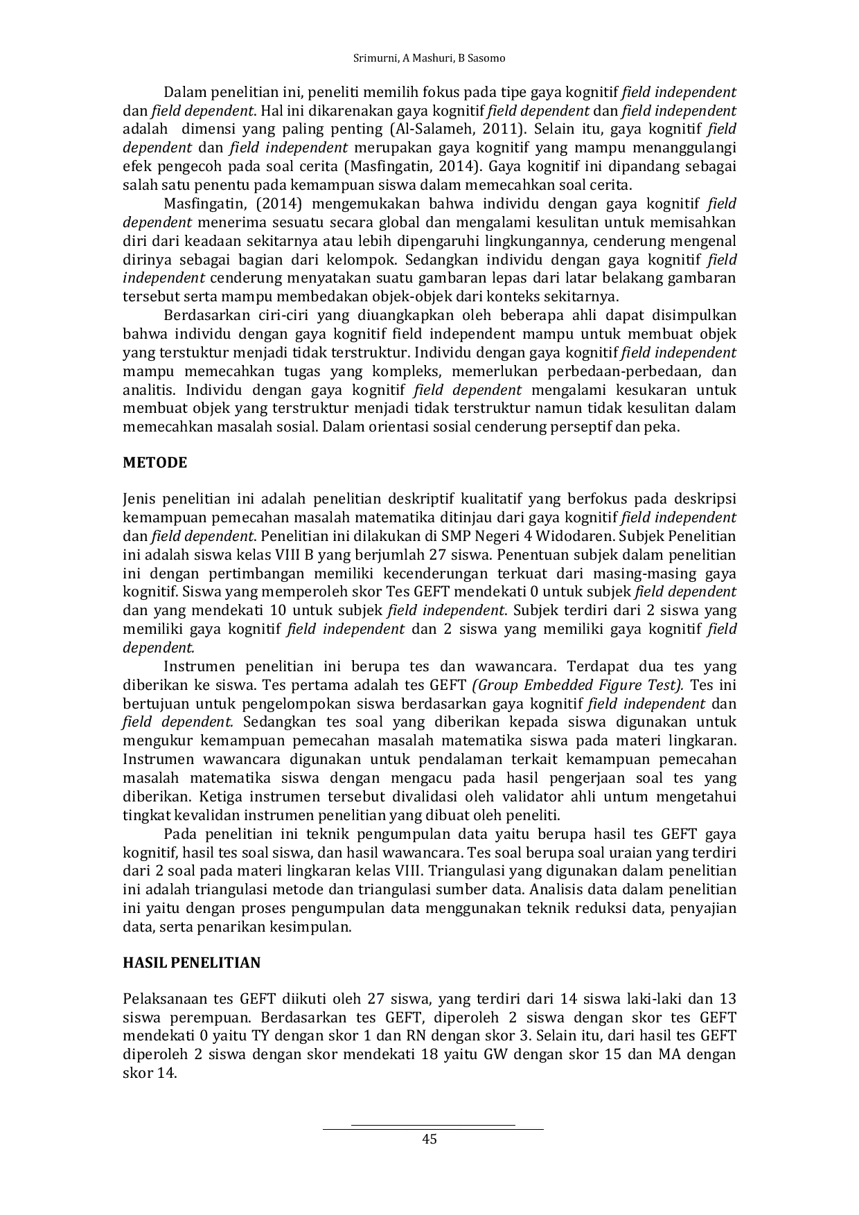 JURIS Analisis Kemampuan Pemecahan Masalah Matematika Ditinjau dari Gaya Kognitif Siswa