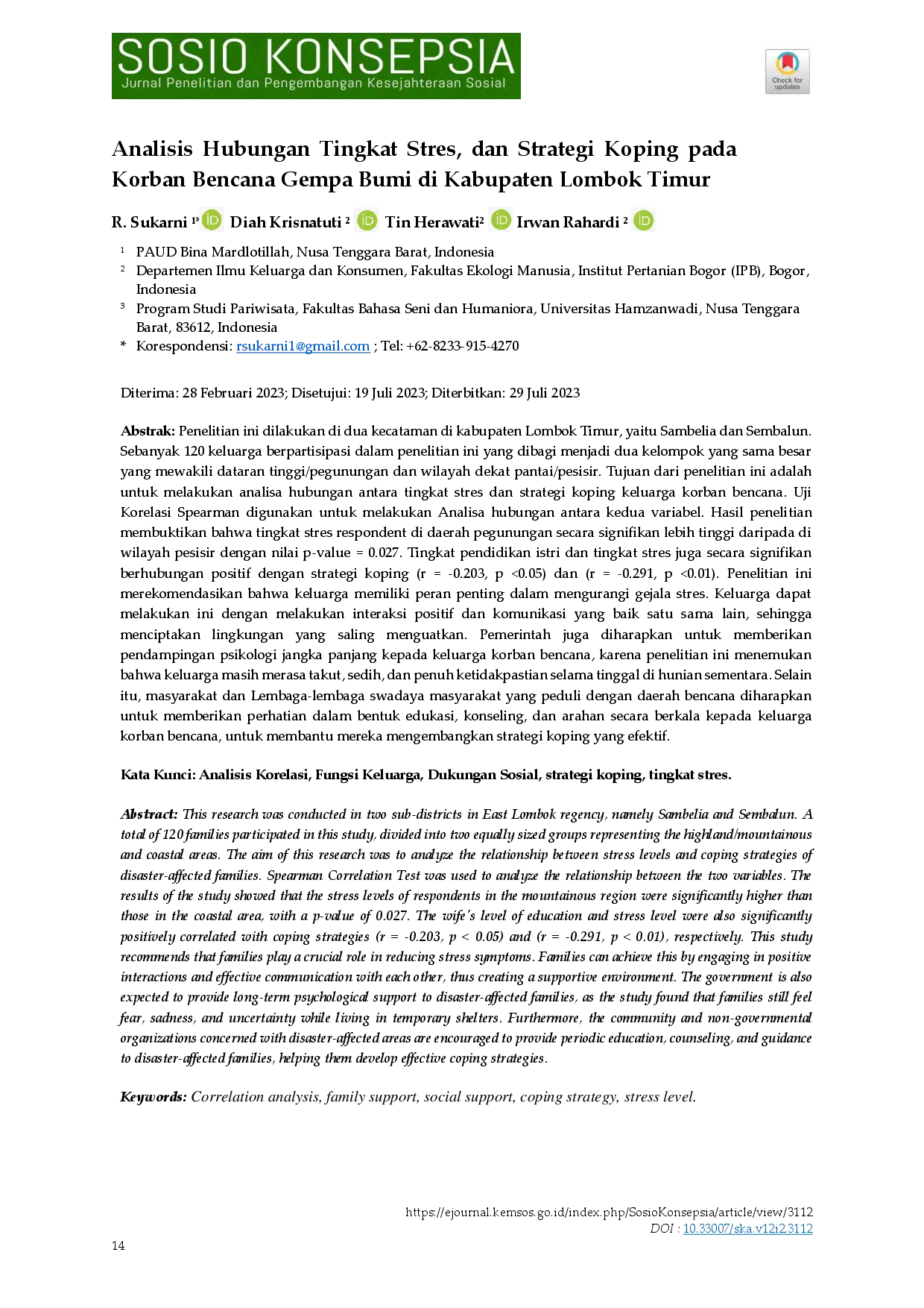 juris Analisis Hubungan Tingkat Stres dan Strategi Koping pada Korban Bencana Gempa Bumi di Kabupaten Lombok Timur