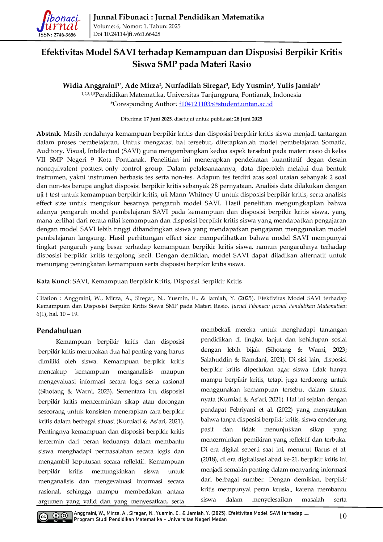 JURIS Efektivitas Model SAVI terhadap Kemampuan dan Disposisi Berpikir Kritis Siswa SMP pada Materi Rasio