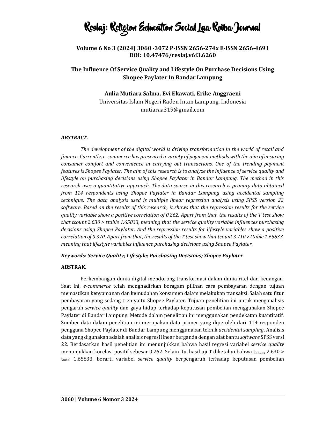 JURIS The Influence Of Service Quality and Lifestyle On Purchase Decisions Using Shopee Paylater In Bandar Lampung